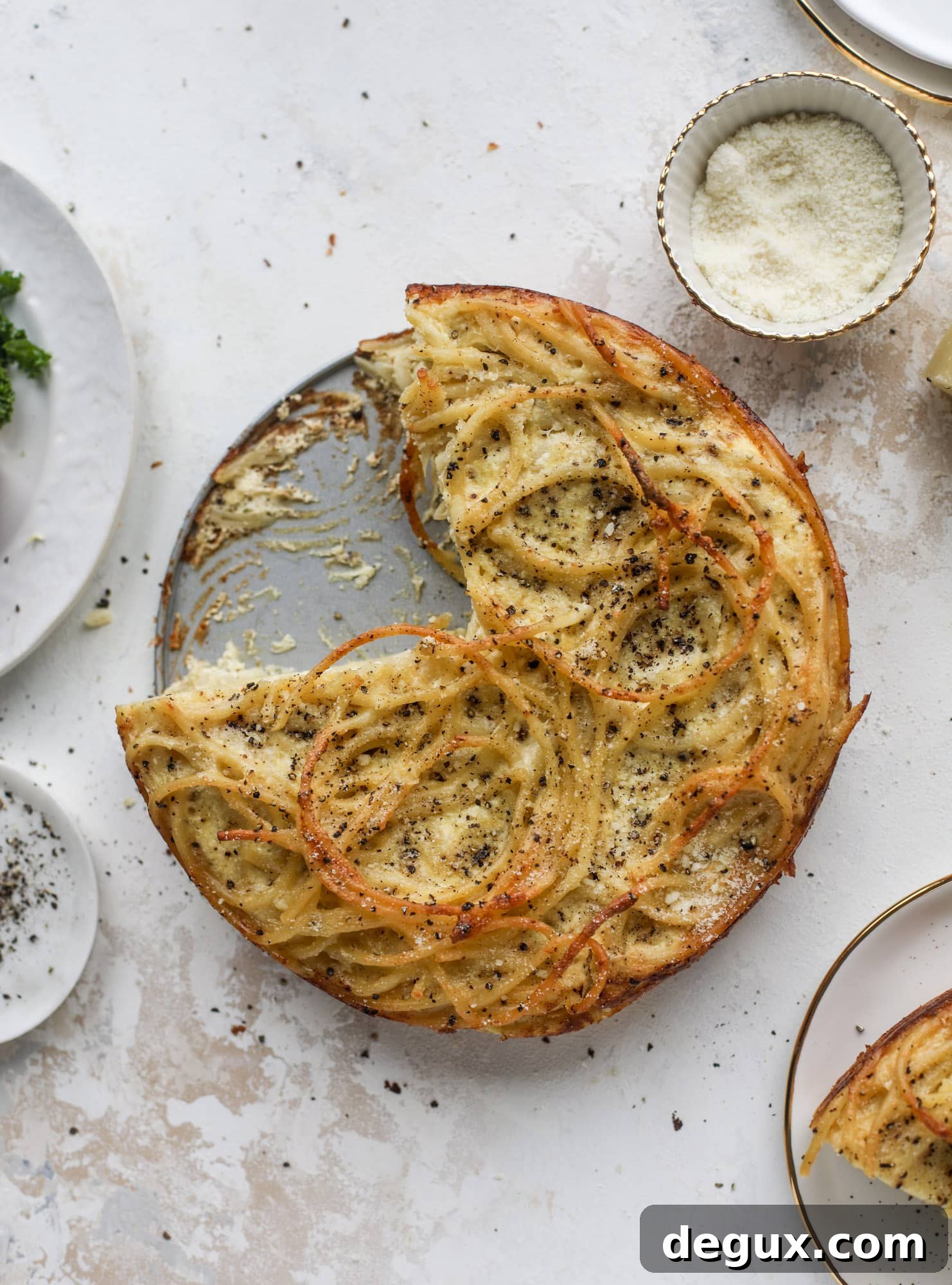 Cacio e Pepe Savory Pie Recipe: Creamy Italian Peppery Tart 10 Hello lover! Cacio e pepe pie is made with parmigiano-reggiano cheese, black pepper and bucatini pasta. Baked until cheese and bubbly, it's to die for.