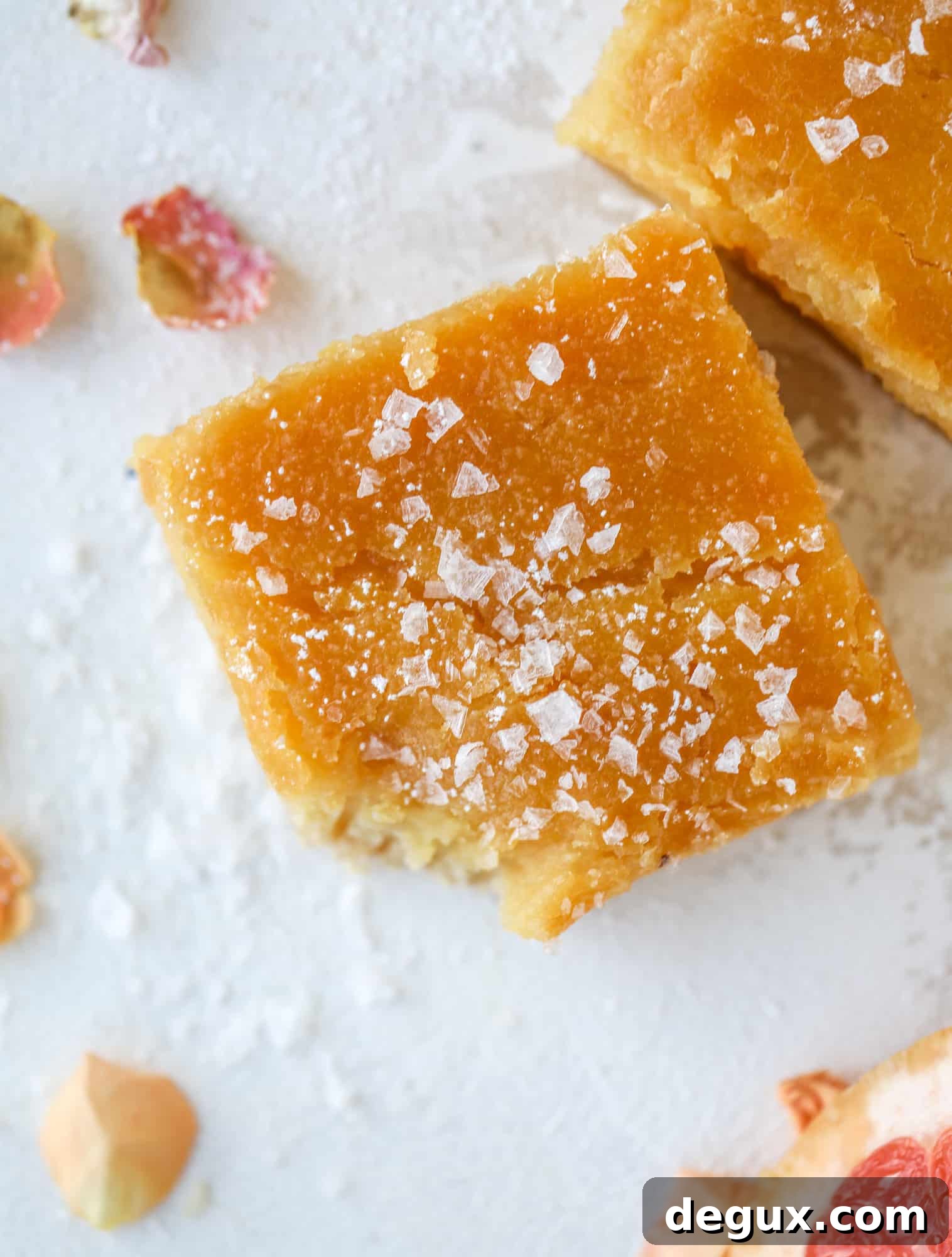 Salted Citrus Dessert Bars with Sea Salt Glaze 8 These salted citrus bars are made of both grapefruit and lemon curd on a buttery shortbread crust. Top with flaked sea salt for the perfect bite!