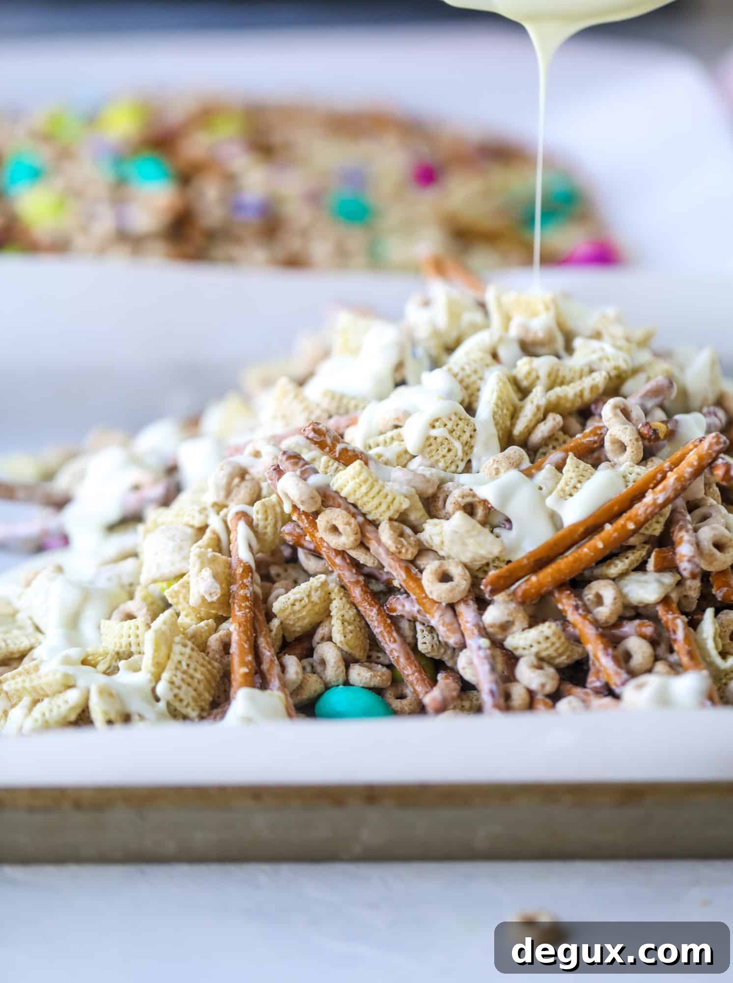 Adorable Easter Snack Mix Ideas for Kids and Parties 5 white chocolate drizzle chex mix