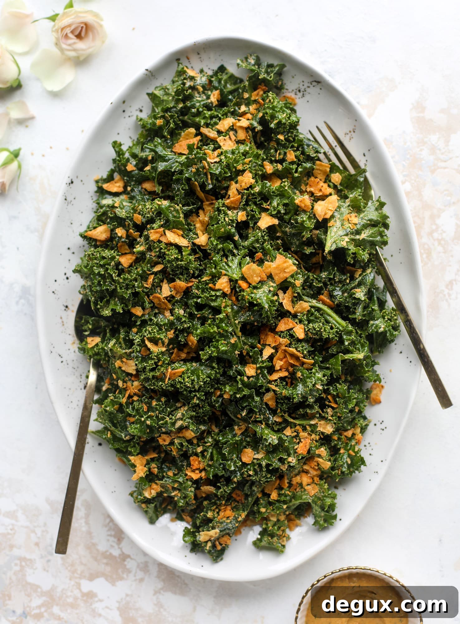 This cool ranch kale salad is loaded with all the flavor of our favorite chips. Simple enough to serve with almost everything, it's ridiculously flavorful!