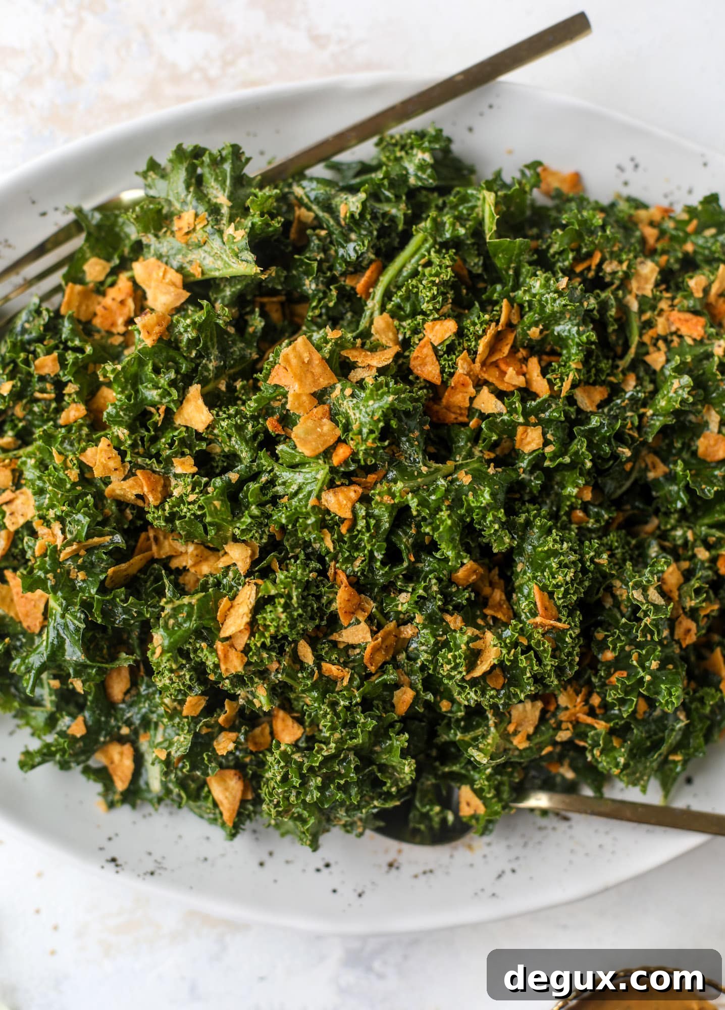 This cool ranch kale salad is loaded with all the flavor of our favorite chips. Simple enough to serve with almost everything, it's ridiculously flavorful!