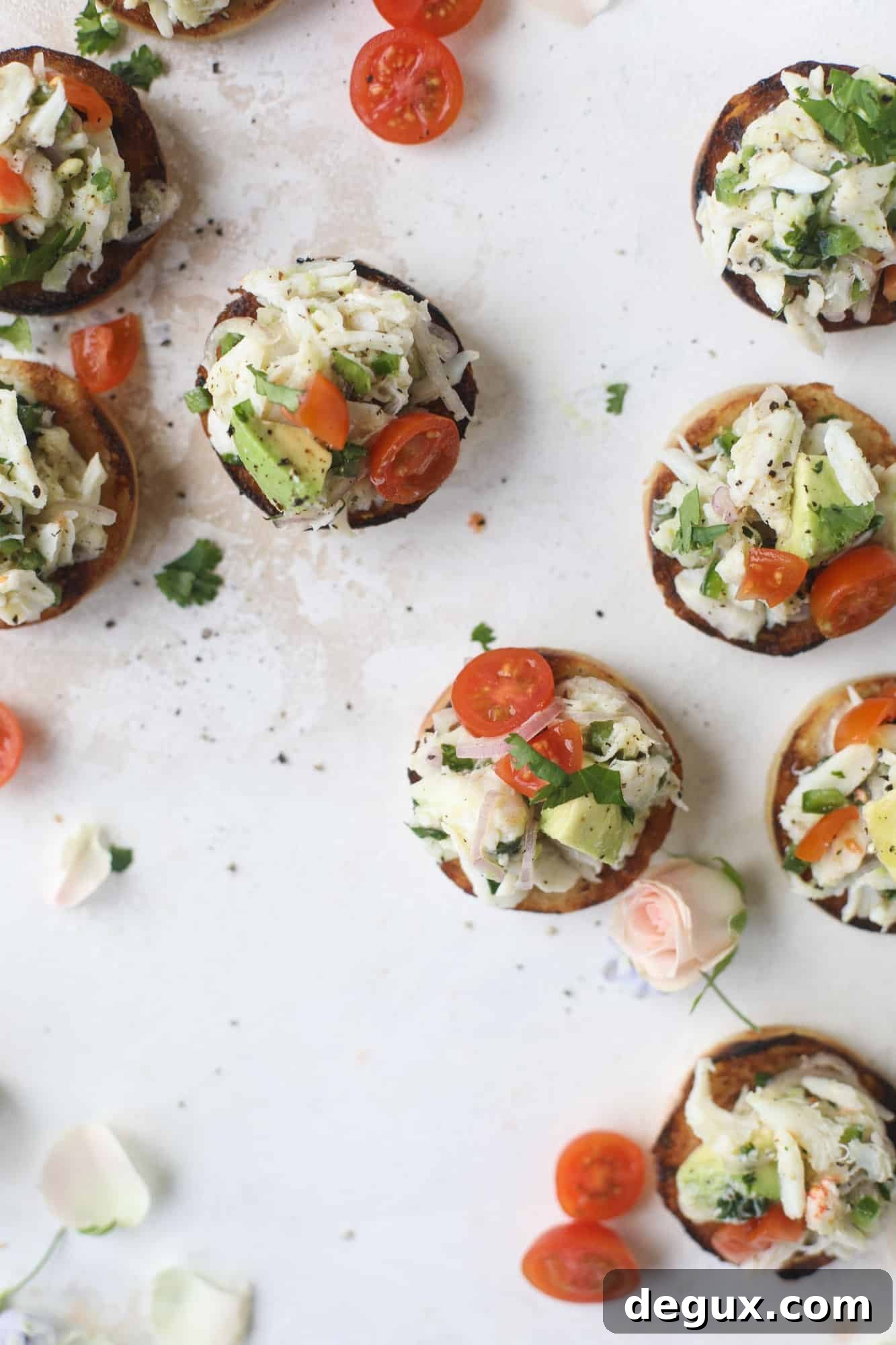 Crab and Avocado Salad on Garlic Butter Toast 8 The cutest crab salad toasts are perfect for a snack, appetizer or light meal with a greens salad. This avocado crab salad is so refreshing and light!