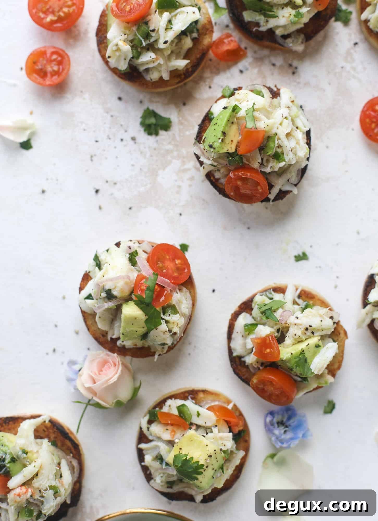 Crab and Avocado Salad on Garlic Butter Toast 10 The cutest crab salad toasts are perfect for a snack, appetizer or light meal with a greens salad. This avocado crab salad is so refreshing and light!