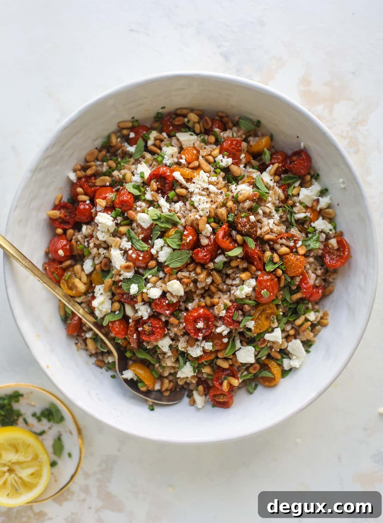 A tomato farro salad that is sweet from the slow roasted tomatoes, tangy from the feta cheese, chewy from the farro and bright from the lemon!