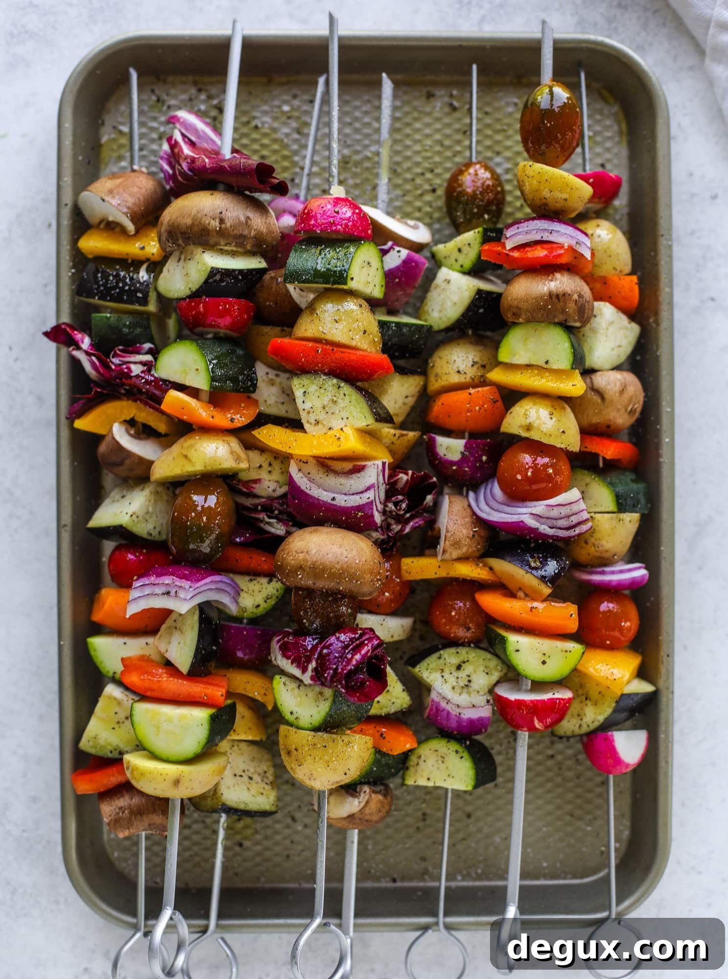 vegetable skewers prepped for the grill 