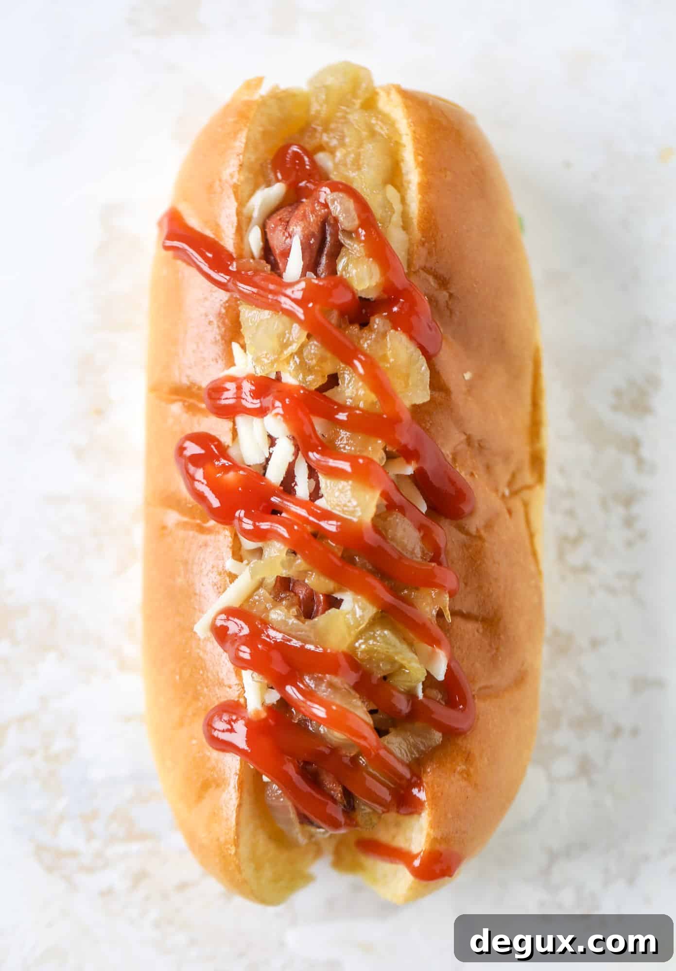 caramelized onion cheddar dog