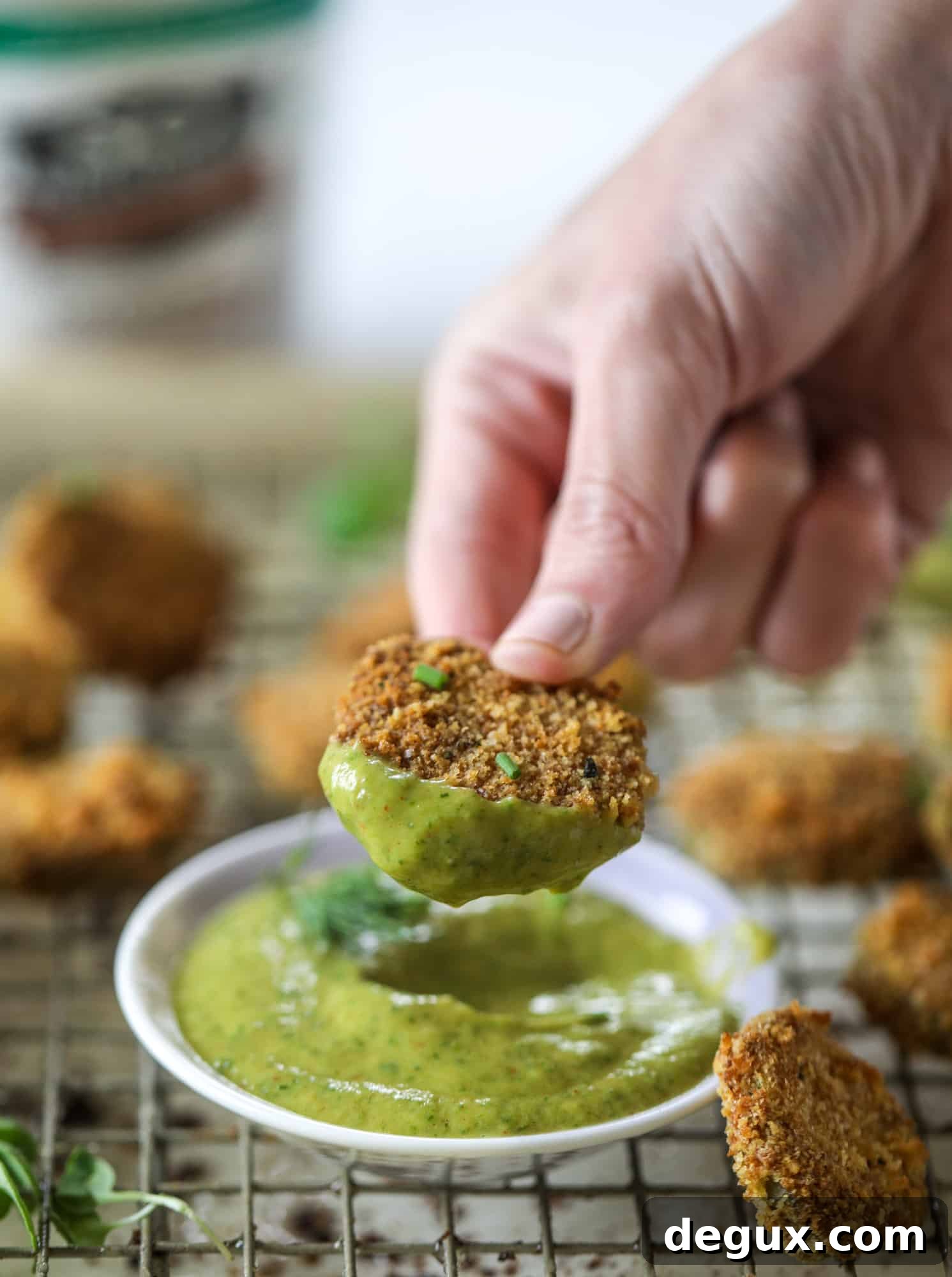 Crispy Oven-Fried Pickles with Green Goddess Ranch Dip 9 Oven fried crispy pickles are super crunchy and delicious! Served with a dairy free green goddess ranch dip, they are the best snack ever.