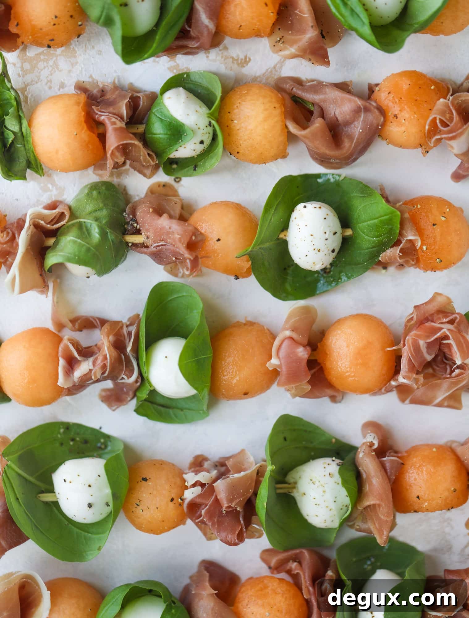 Cantaloupe Prosciutto Caprese Skewers with Lemon-Mint Pesto 5 These cantaloupe prosciutto skewers are the perfect cantaloupe caprese snack! Salty prosciutto, sweet melon and fresh mozzarella drizzled with mint pesto!