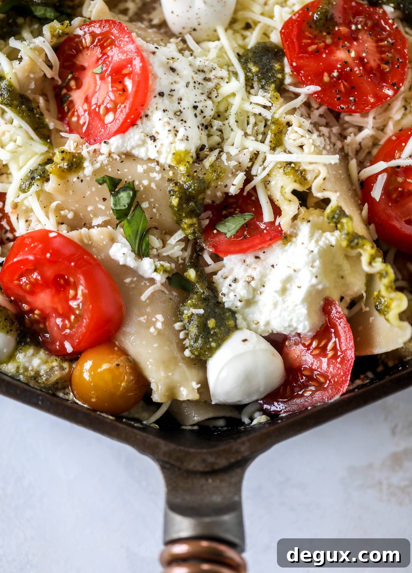 tomatoes, basil, mozzarella, noodles 