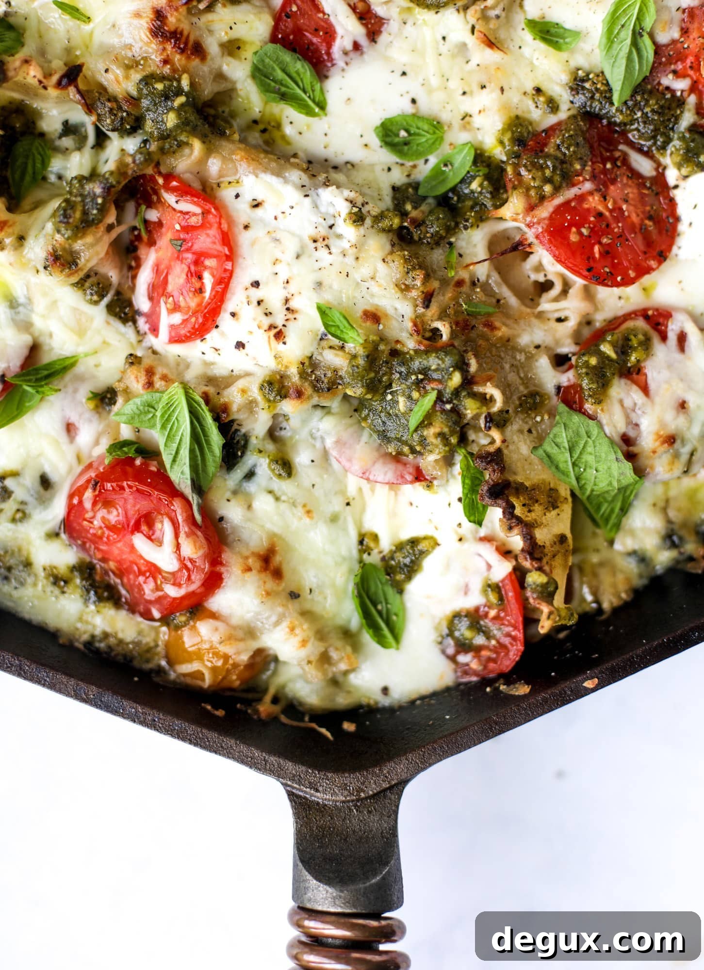 Quick caprese skillet lasagna is a lovely and comforting summer meal! Lots of fresh basil, ripe tomatoes and cheese bring this easy weeknight meal together.