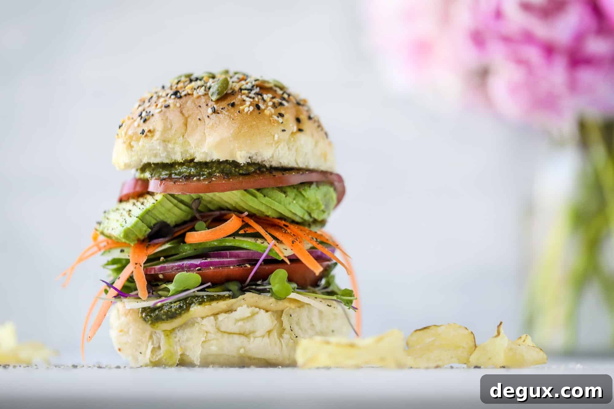Loaded Hummus and Havarti Veggie Sandwich Recipe 7 This summer veggie sandwich is full of creamy hummus, fresh pesto and havarti cheese along with tons of sliced, fresh vegetables. Best lunch ever!