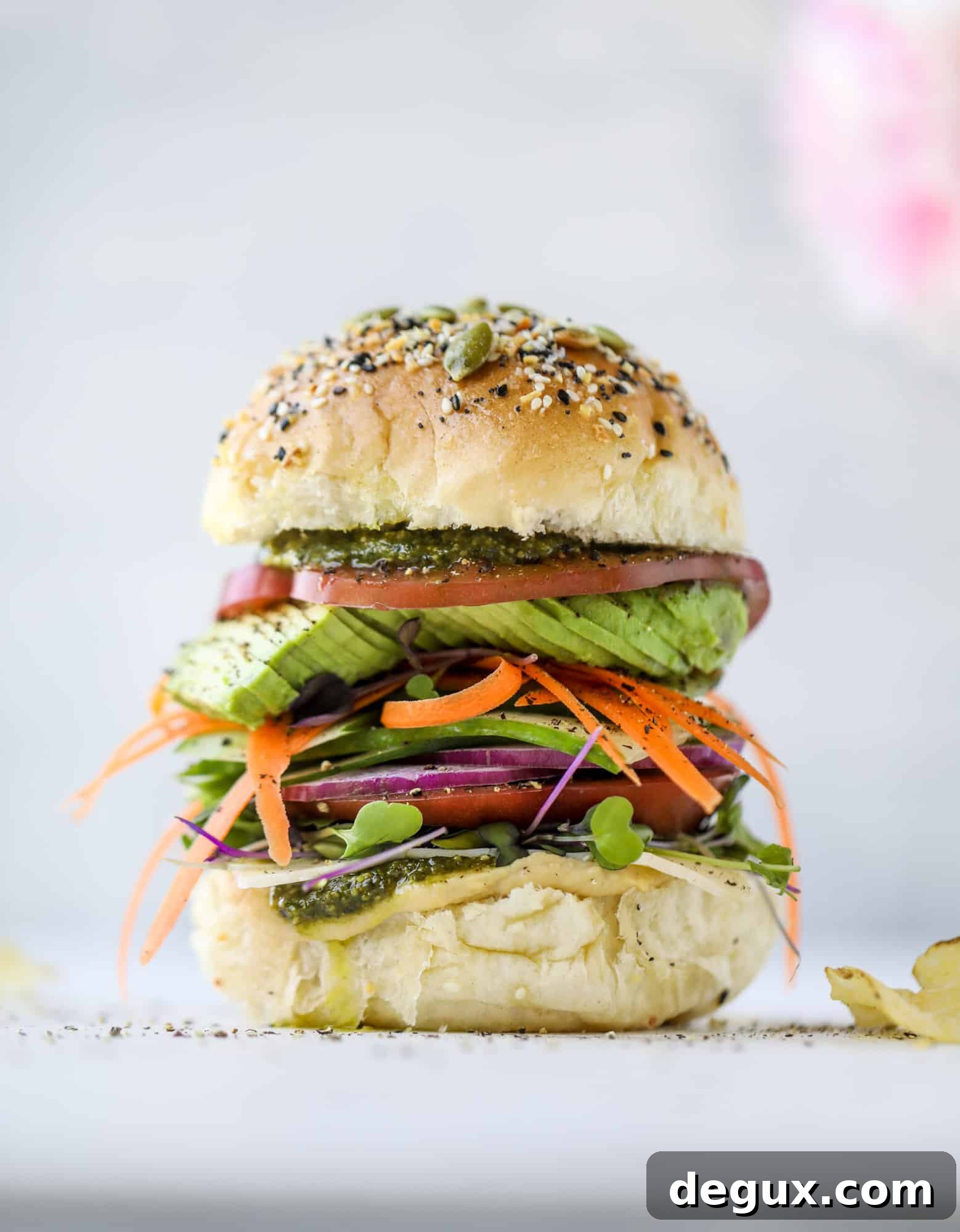 Loaded Hummus and Havarti Veggie Sandwich Recipe 8 This summer veggie sandwich is full of creamy hummus, fresh pesto and havarti cheese along with tons of sliced, fresh vegetables. Best lunch ever!