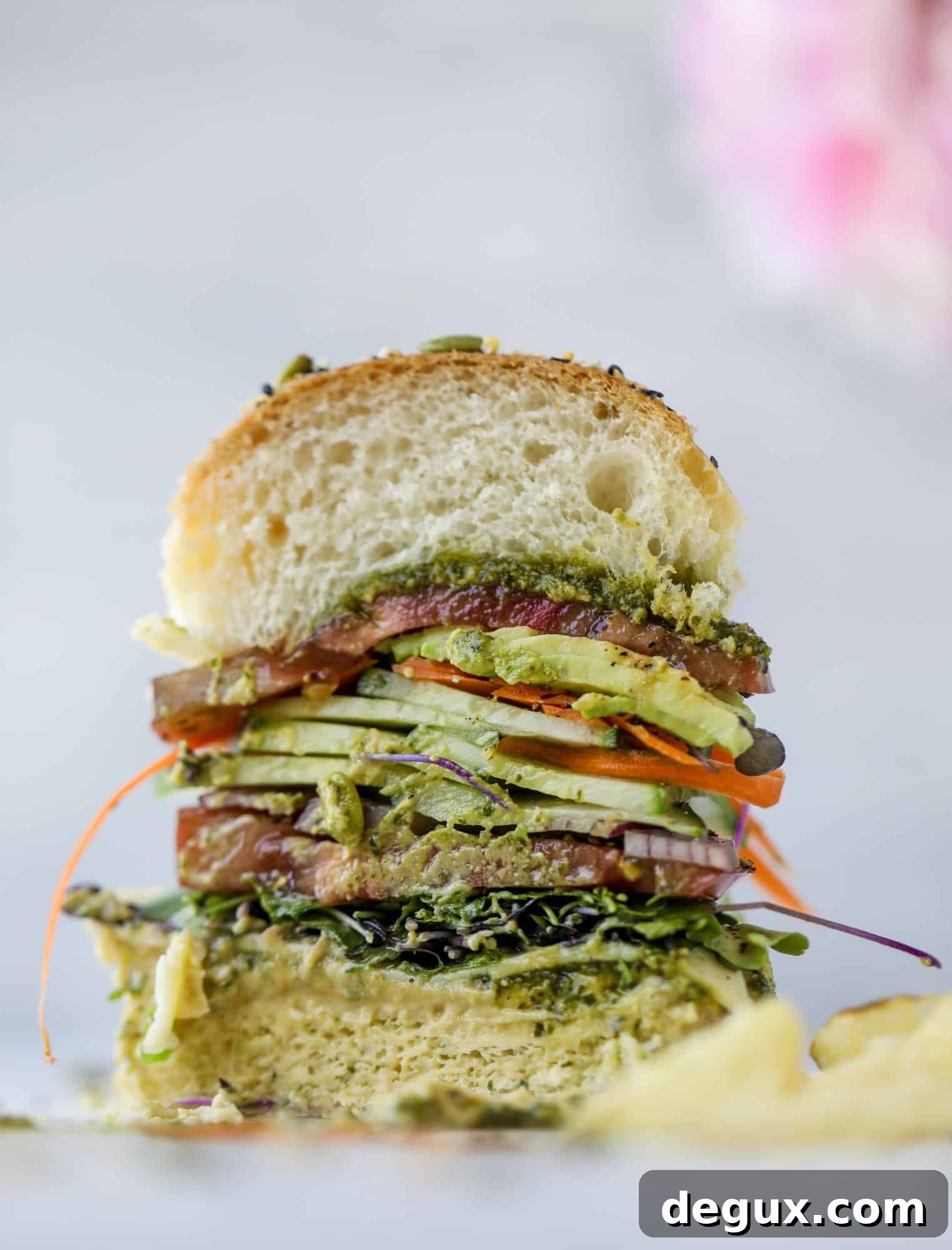 Loaded Hummus and Havarti Veggie Sandwich Recipe 10 This summer veggie sandwich is full of creamy hummus, fresh pesto and havarti cheese along with tons of sliced, fresh vegetables. Best lunch ever!