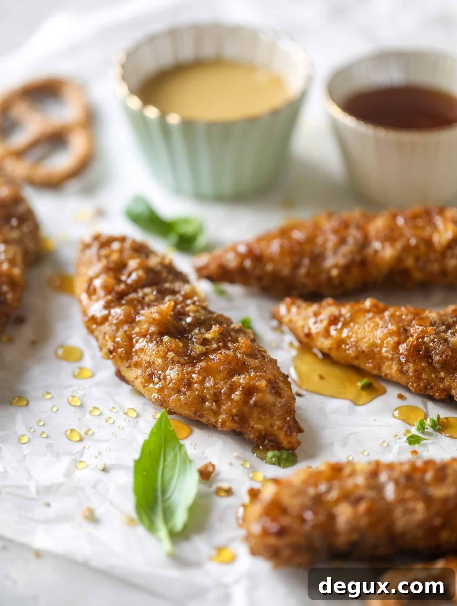 Hot Honey Pretzel Chicken Fingers with Tangy House Sauce 6 These pretzel crusted chicken fingers are baked, crunchy and ridiculously flavorful. Drizzle with hot honey and dip in house sauce. Yum!