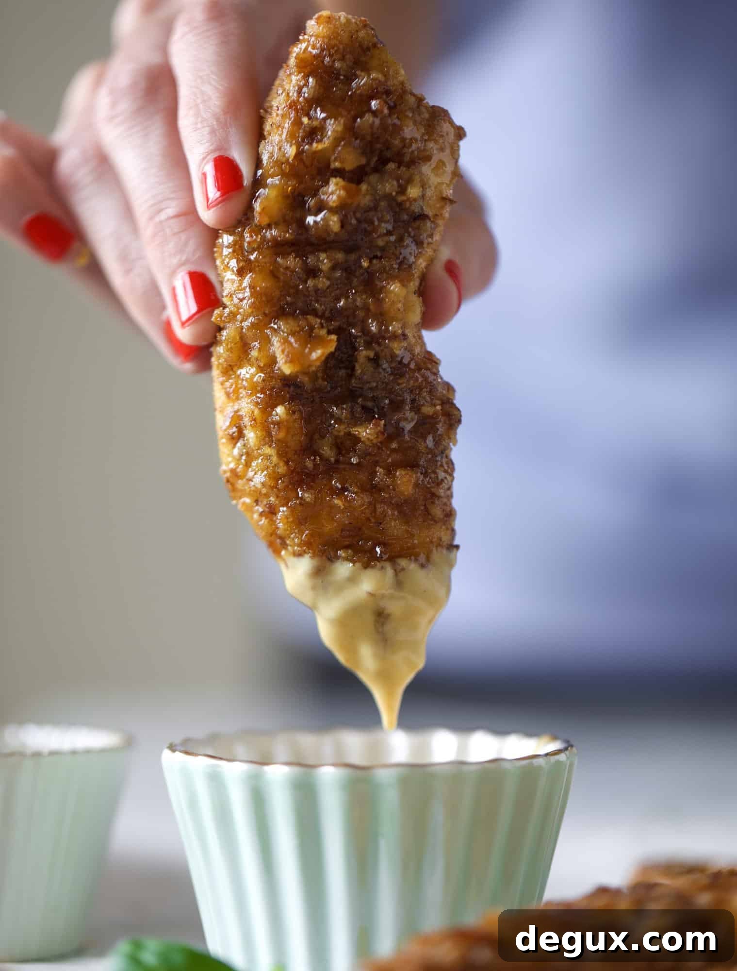 Hot Honey Pretzel Chicken Fingers with Tangy House Sauce 7 These pretzel crusted chicken fingers are baked, crunchy and ridiculously flavorful. Drizzle with hot honey and dip in house sauce. Yum!