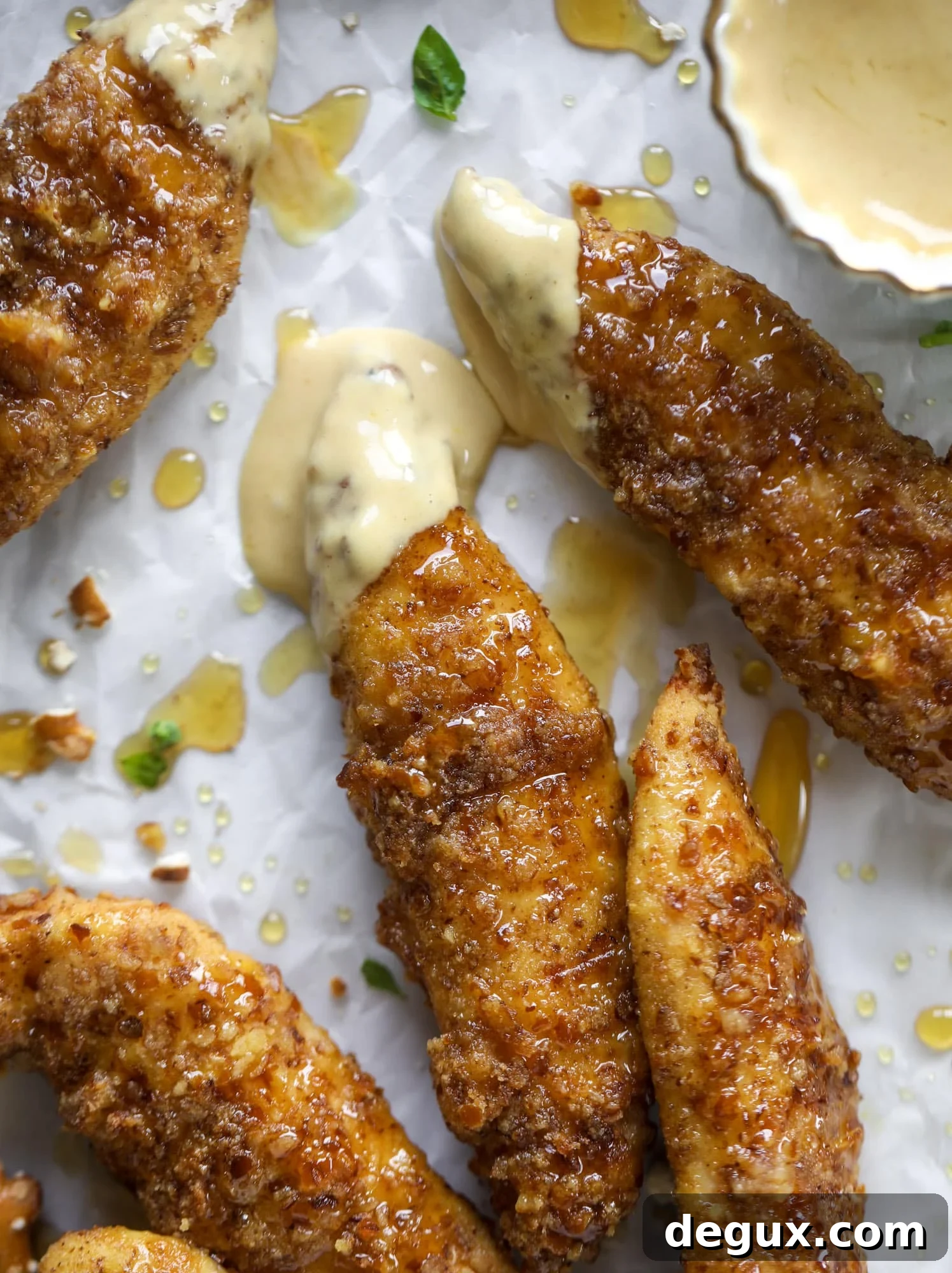 Hot Honey Pretzel Chicken Fingers with Tangy House Sauce 8 These pretzel crusted chicken fingers are baked, crunchy and ridiculously flavorful. Drizzle with hot honey and dip in house sauce. Yum!
