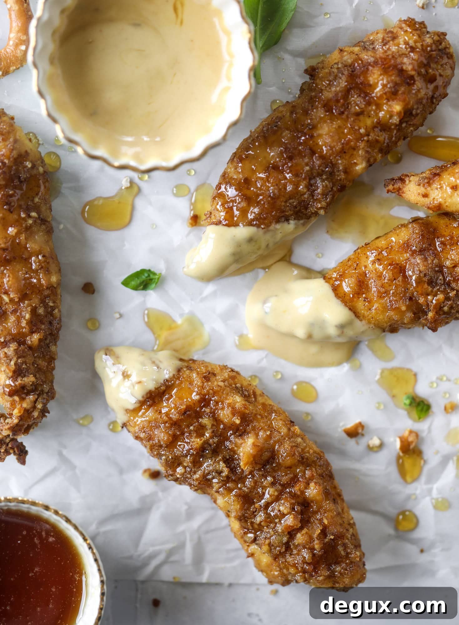 Hot Honey Pretzel Chicken Fingers with Tangy House Sauce 10 These pretzel crusted chicken fingers are baked, crunchy and ridiculously flavorful. Drizzle with hot honey and dip in house sauce. Yum!