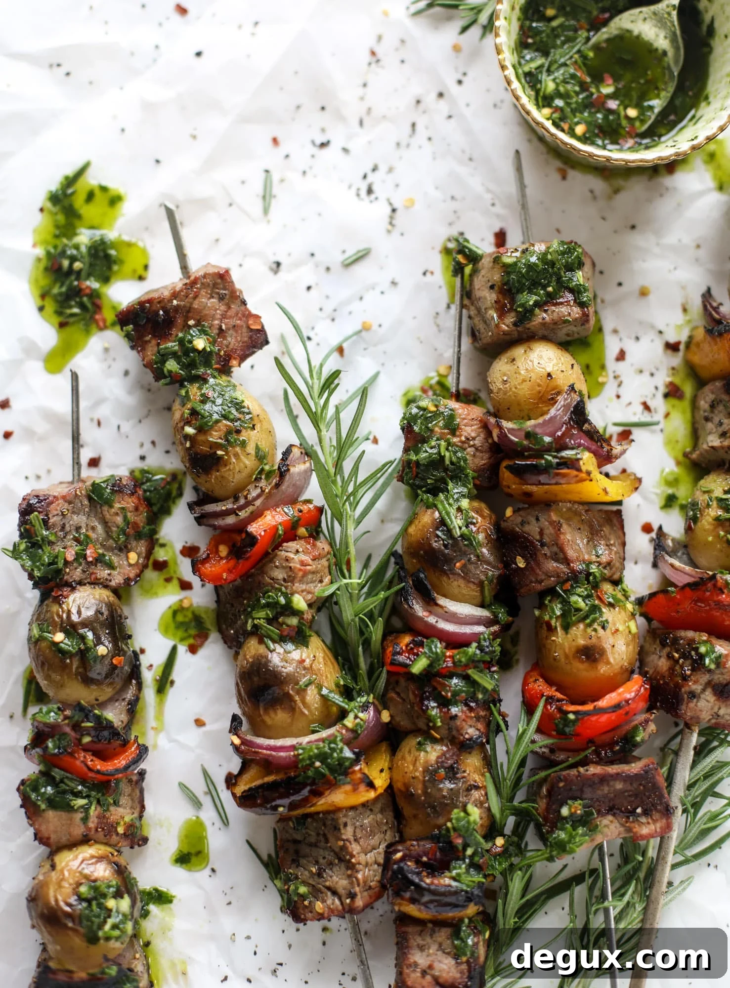 Grilled Filet and Potato Skewers with Rosemary Chimichurri Sauce 2 These steak and potato skewers are a complete meal in one! Serve with chimichurri for the ultimate flavor explosion. These are delicious!
