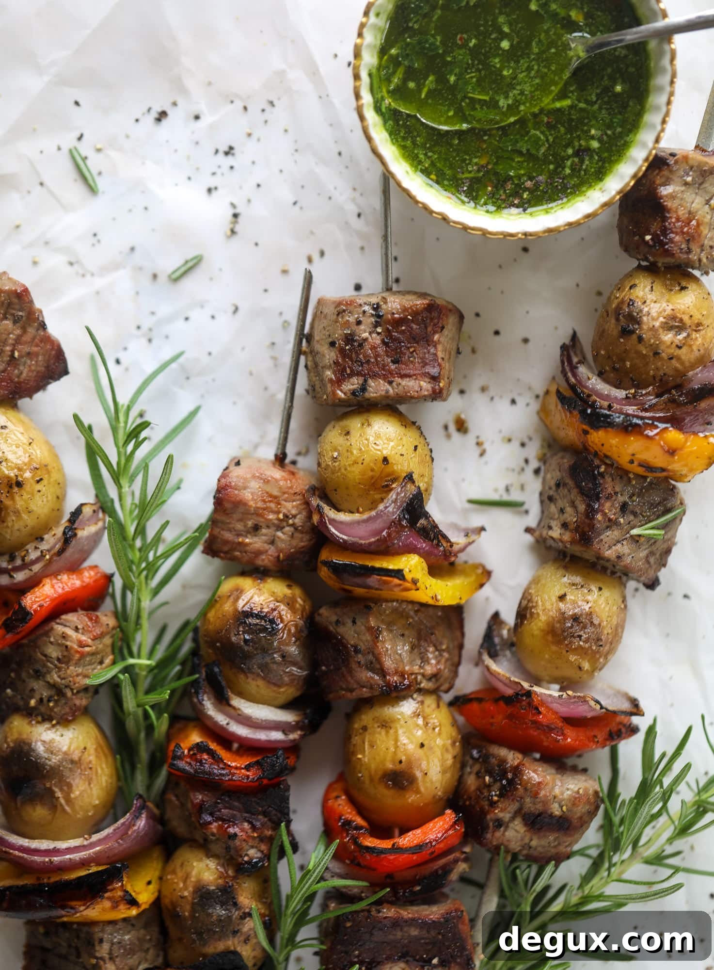 Grilled Filet and Potato Skewers with Rosemary Chimichurri Sauce 6 These steak and potato skewers are a complete meal in one! Serve with chimichurri for the ultimate flavor explosion. These are delicious!