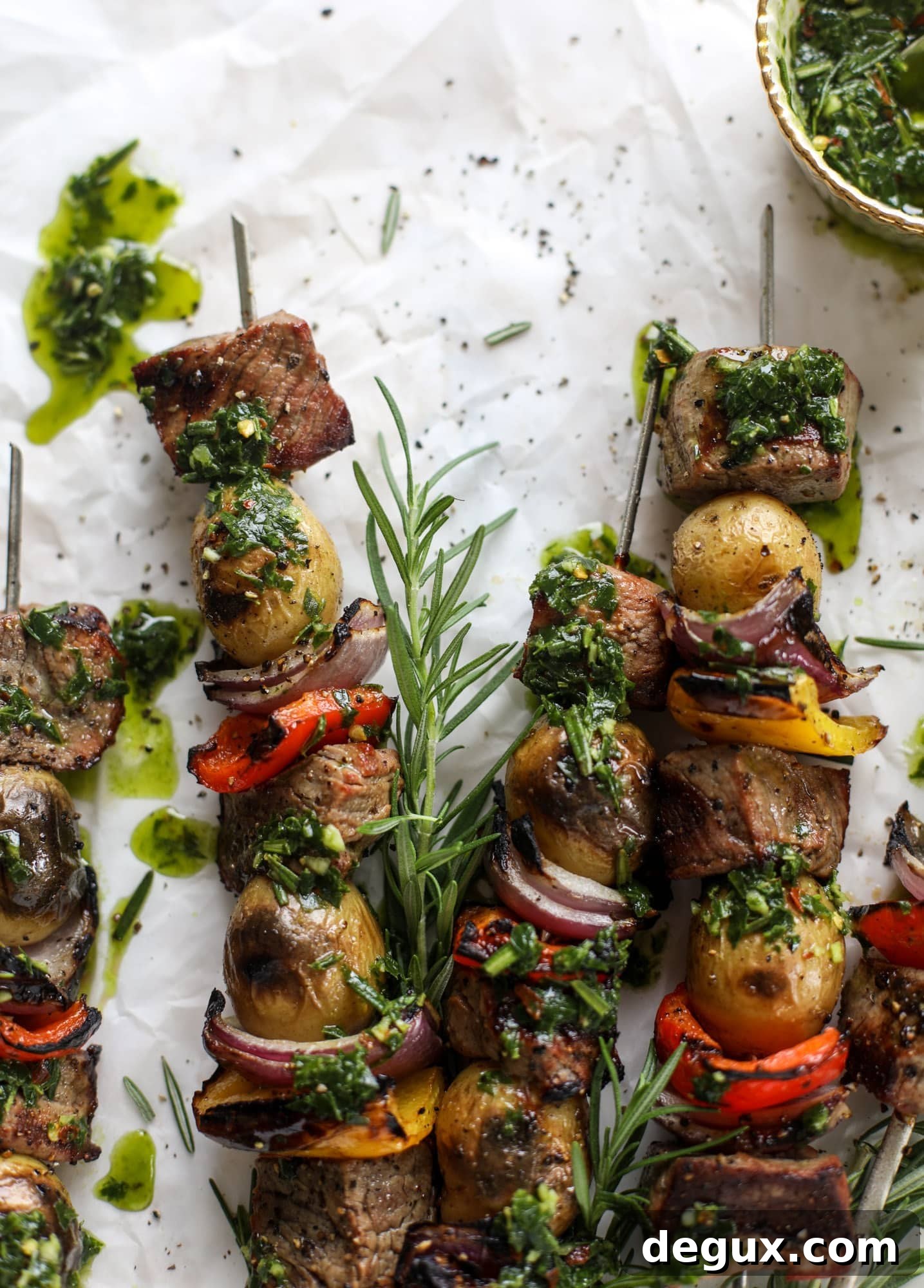 Grilled Filet and Potato Skewers with Rosemary Chimichurri Sauce 7 These steak and potato skewers are a complete meal in one! Serve with chimichurri for the ultimate flavor explosion. These are delicious!