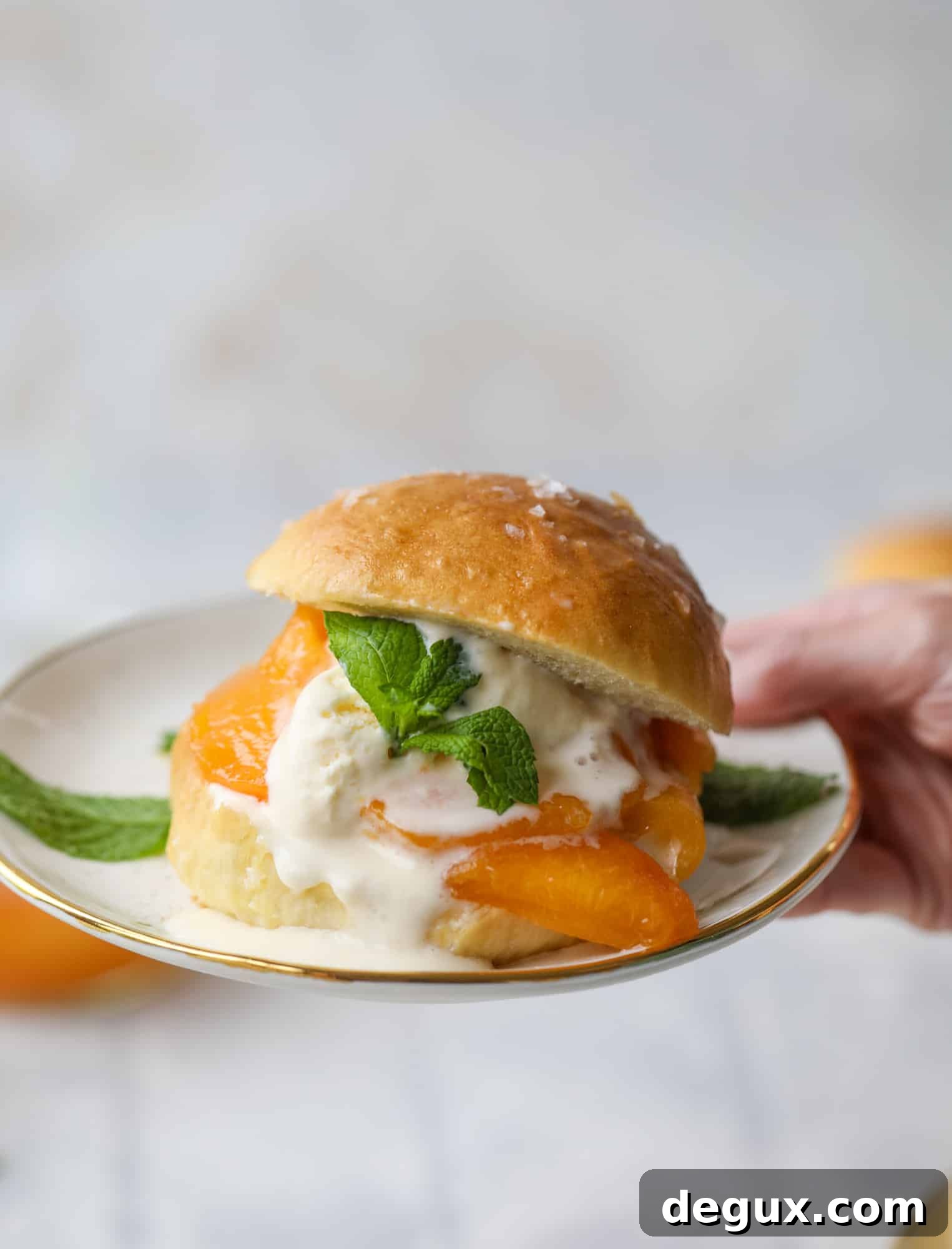 Prosecco peach shortcakes are out of these world! Prosecco poached peaches with vanilla ice cream on homemade salted brioche buns. To die for.