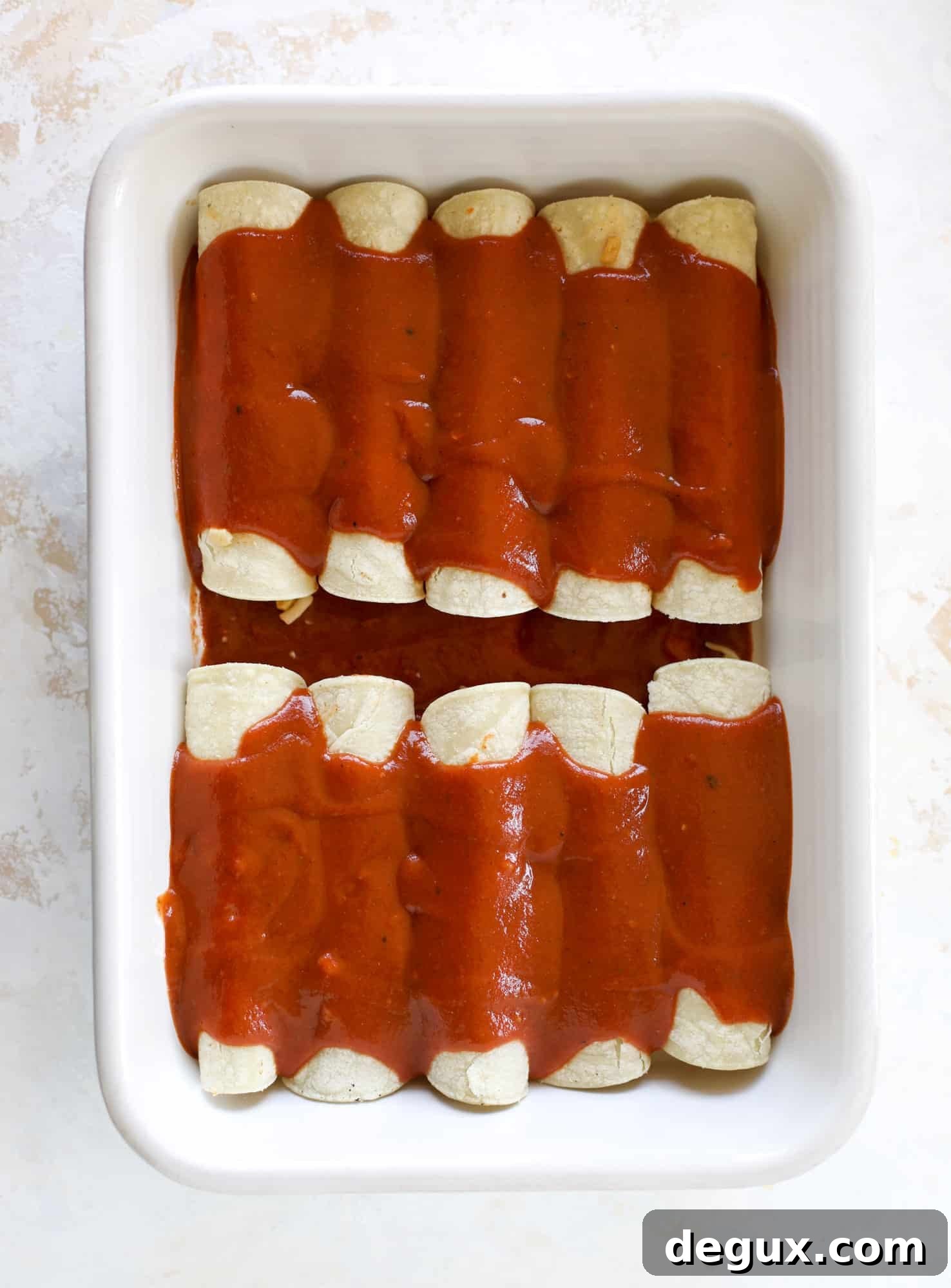 Summer Grilled Corn Enchiladas with Smoky Chipotle Sauce 4 enchiladas ready for the oven