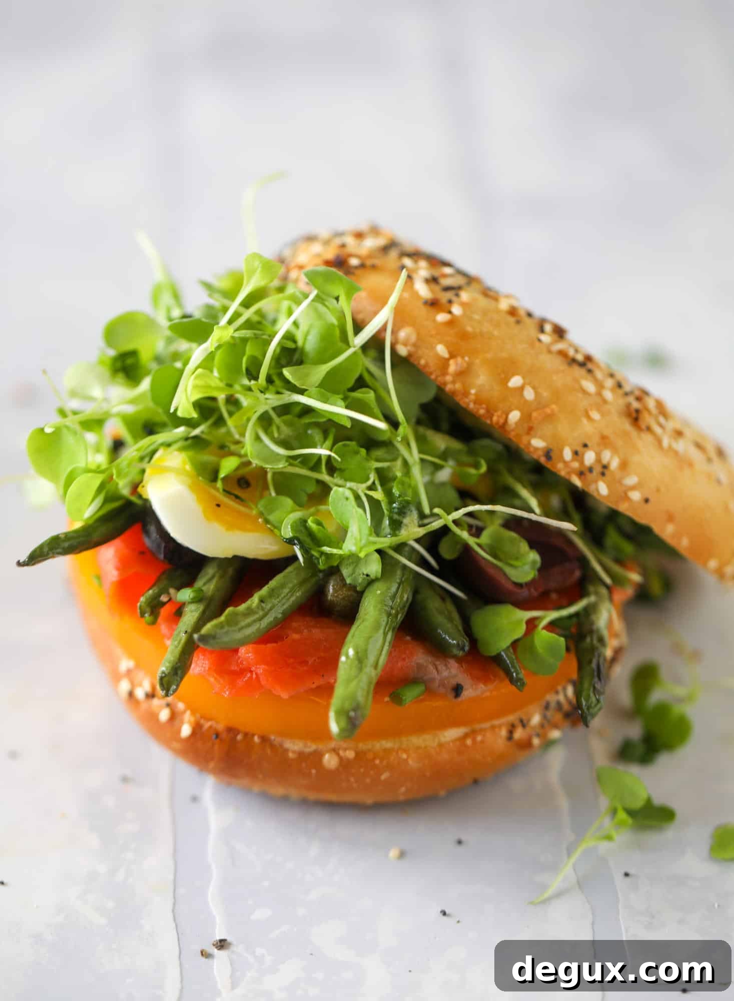 These nicoise bagels are a spin on my favorite salad! Loaded with smoked salmon, blistered green beans and tons of goodness. They are delish!