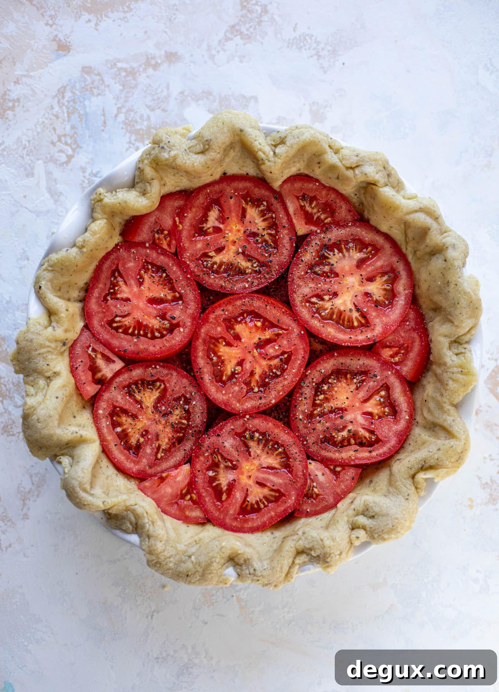 This summer tomato pie is the best dinner ever! Cheddar herb crust, ripe, juicy tomatoes and a cheesy, crunchy layer on top. It's irresistible. 
