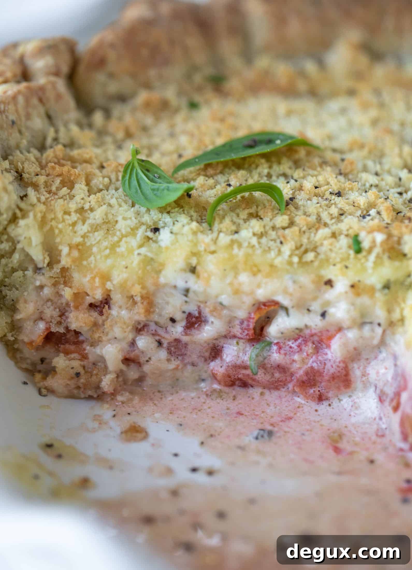 This summer tomato pie is the best dinner ever! Cheddar herb crust, ripe, juicy tomatoes and a cheesy, crunchy layer on top. It's irresistible. 