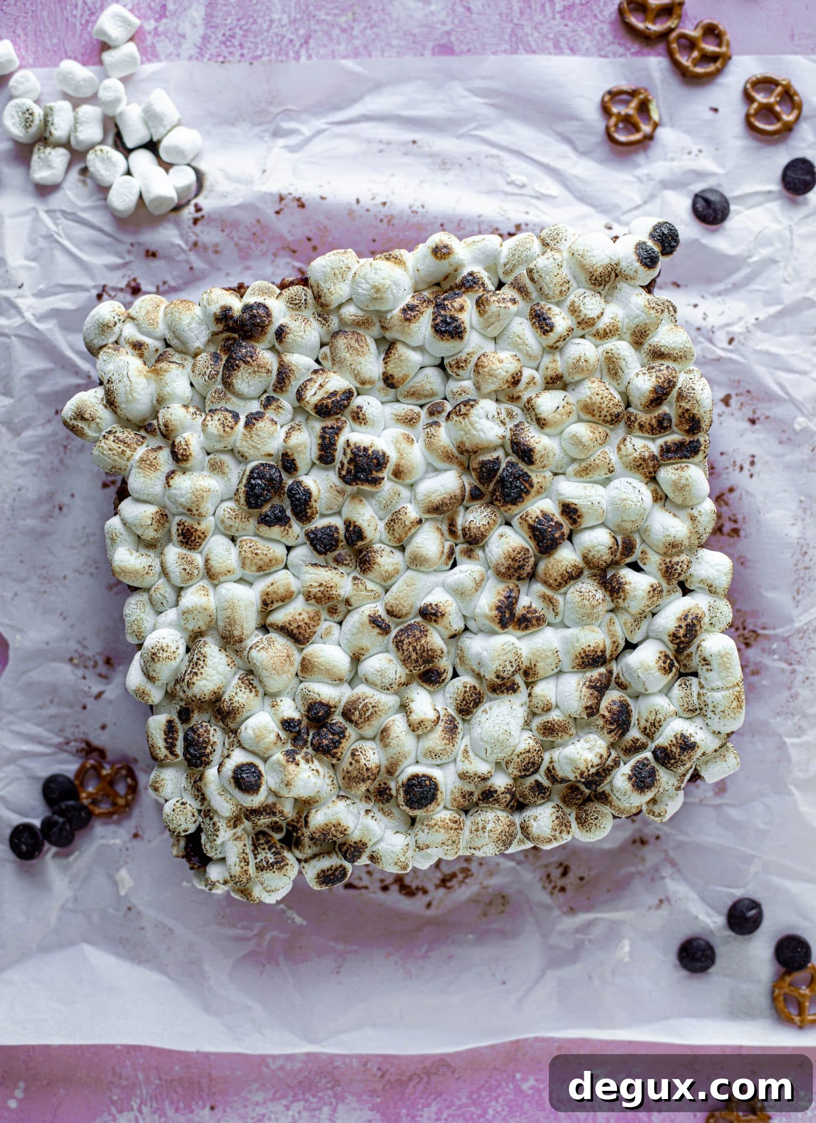 These indulgent s'mores bars are crispy and crunchy and studded with salted pretzels! Toasted marshmallow and dark chocolate make these the best treat ever!