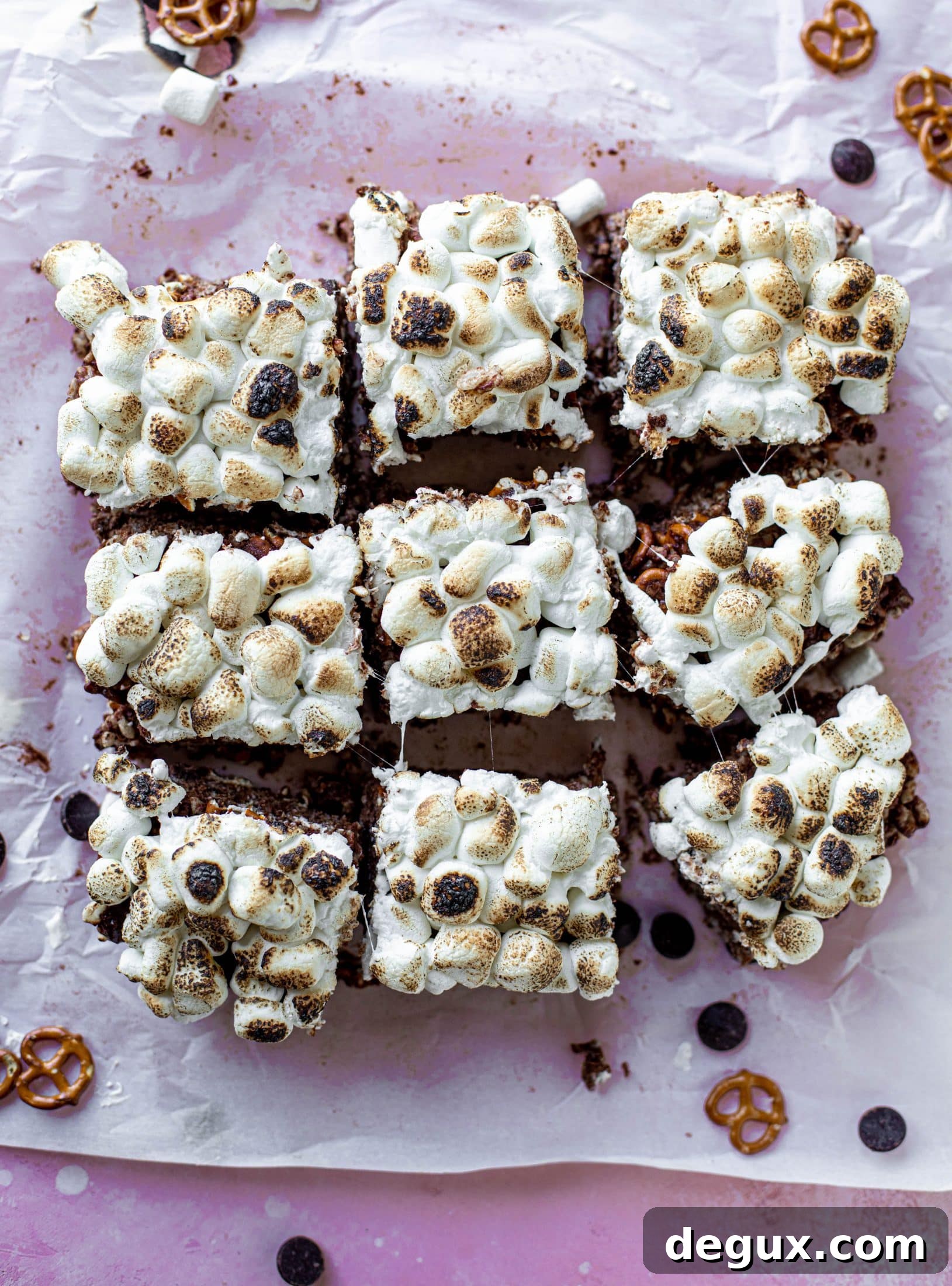 These indulgent s'mores bars are crispy and crunchy and studded with salted pretzels! Toasted marshmallow and dark chocolate make these the best treat ever!