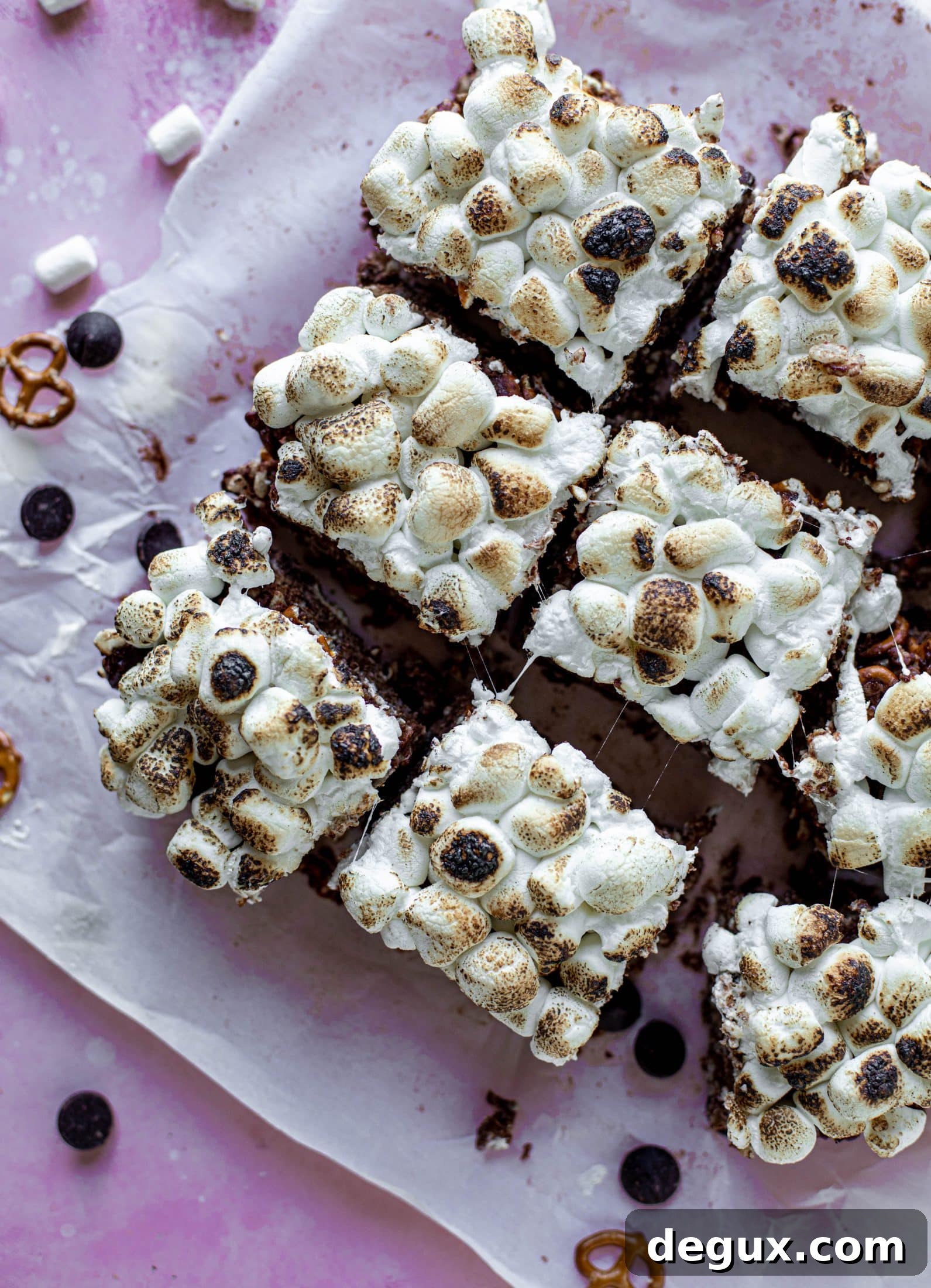 These indulgent s'mores bars are crispy and crunchy and studded with salted pretzels! Toasted marshmallow and dark chocolate make these the best treat ever!