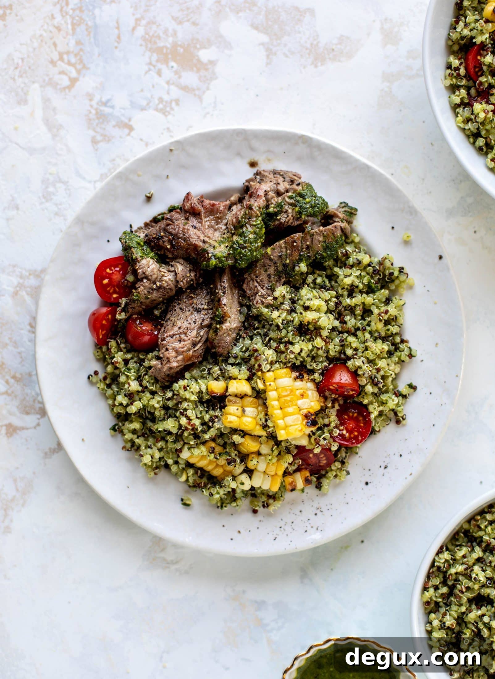 This chimichurri quinoa with flank steak is so incredibly delicious and flavorful! The steak is juicy and tender; the quinoa is loaded with flavor. Love it!