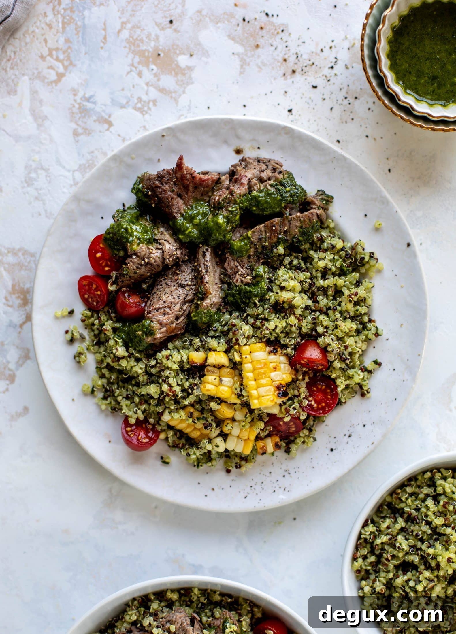 This chimichurri quinoa with flank steak is so incredibly delicious and flavorful! The steak is juicy and tender; the quinoa is loaded with flavor. Love it!