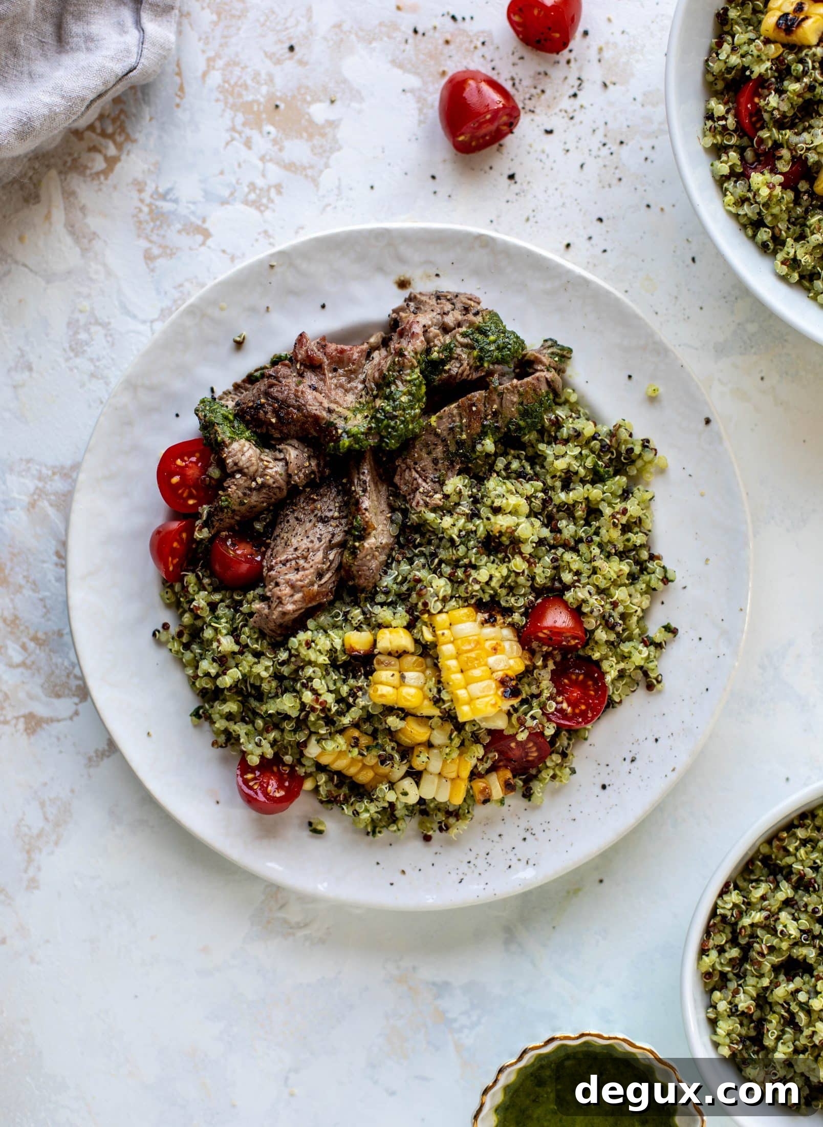 Summer Garden Quinoa with Marinated Flank Steak Recipe 8 This chimichurri quinoa with flank steak is so incredibly delicious and flavorful! The steak is juicy and tender; the quinoa is loaded with flavor. Love it!