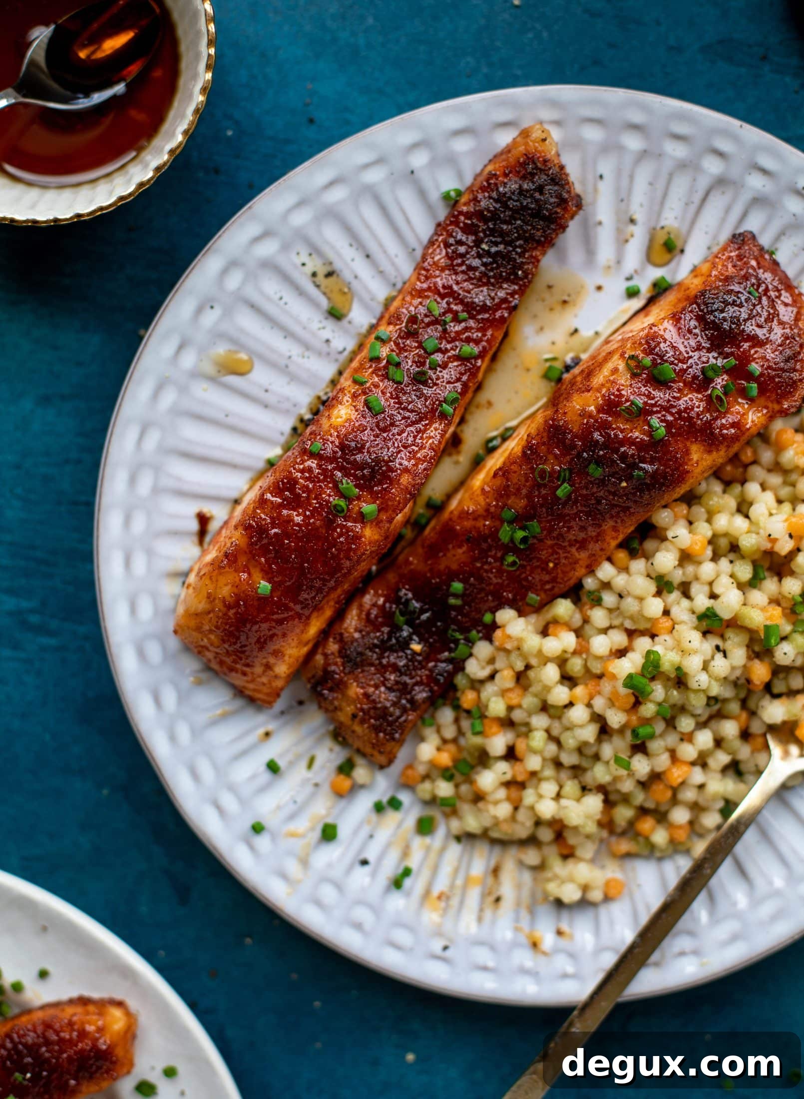 This maple bbq salmon is a quick and delicious weeknight meal. Serve with brown butter couscous and your favorite veg to round it out!