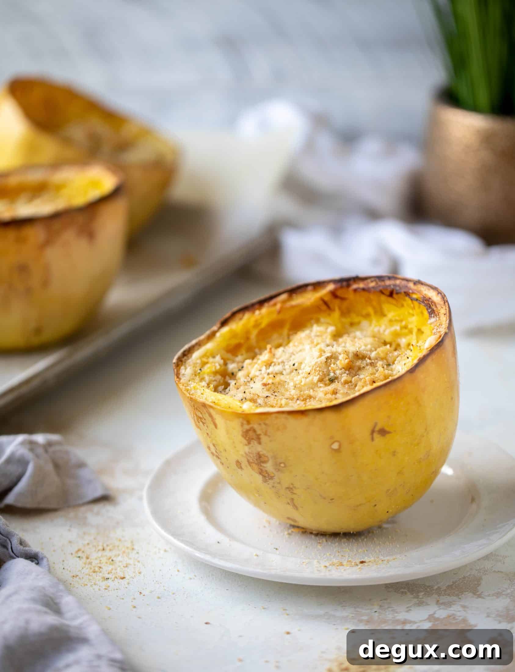 Three-Cheese Spaghetti Squash Bake: Creamy, Savory Dinner 6 Three cheese spaghetti squash in a squash bowl! Squash tossed with fontina, gruyere and parmesan to make a creamy comforting meal.