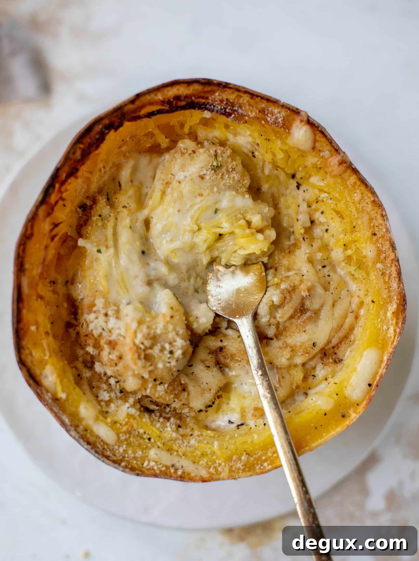 Three-Cheese Spaghetti Squash Bake: Creamy, Savory Dinner 7 Three cheese spaghetti squash in a squash bowl! Squash tossed with fontina, gruyere and parmesan to make a creamy comforting meal.