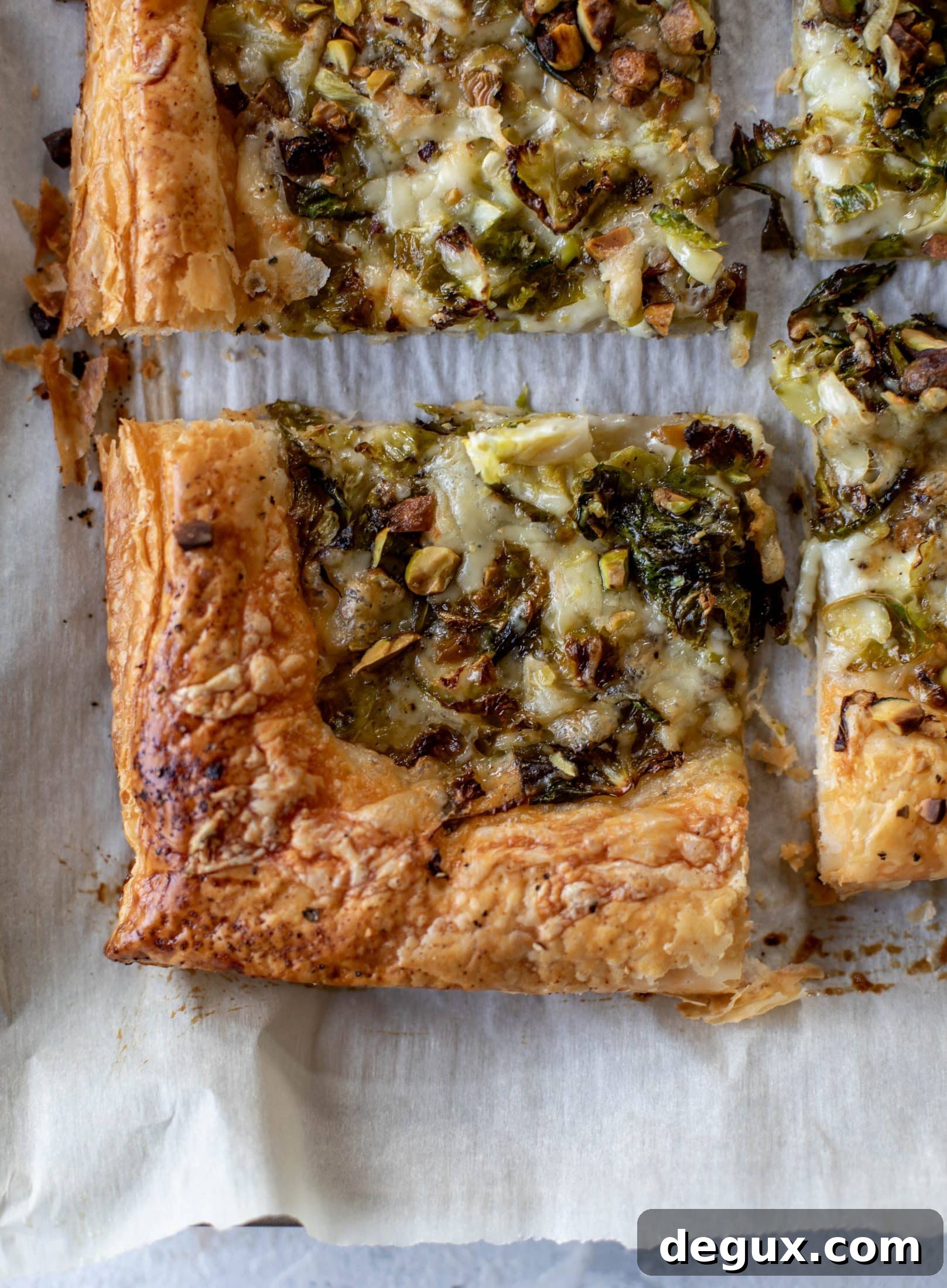 Brussels Sprouts, Fontina & Pistachio Puff Pastry Tart 7 This brussels sprouts tart has a ton of flavor! Melty fontina, sliced brussels and crunchy pistachios all on top of puff pastry. Delish!