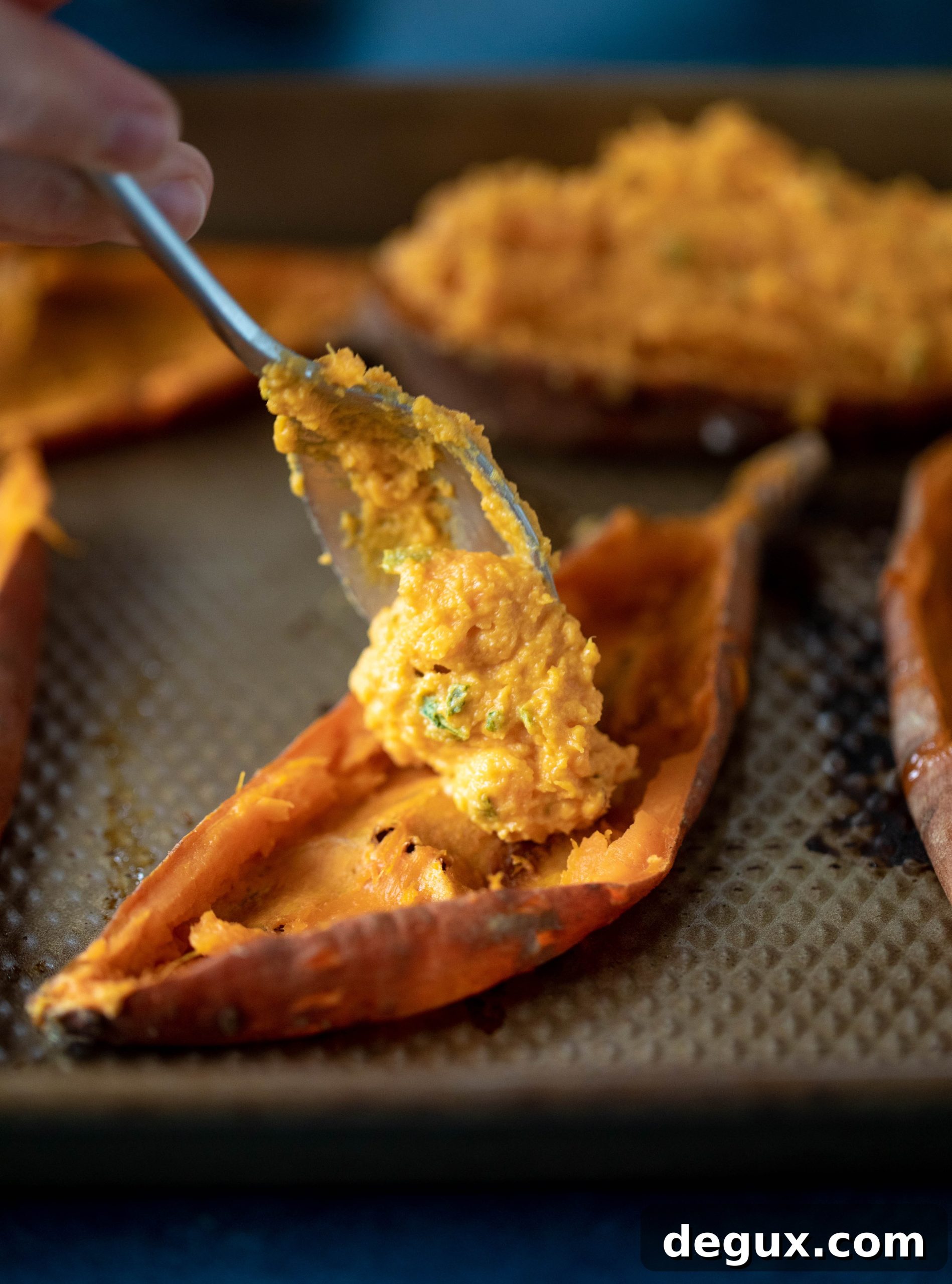 Twice-Baked Sweet Potatoes with Pumpkin, Sage & Brown Butter 4 These twice baked sweet potatoes are whipped with crispy sage and pumpkin puree! Topped with cheese and baked until melty, they are super delish.