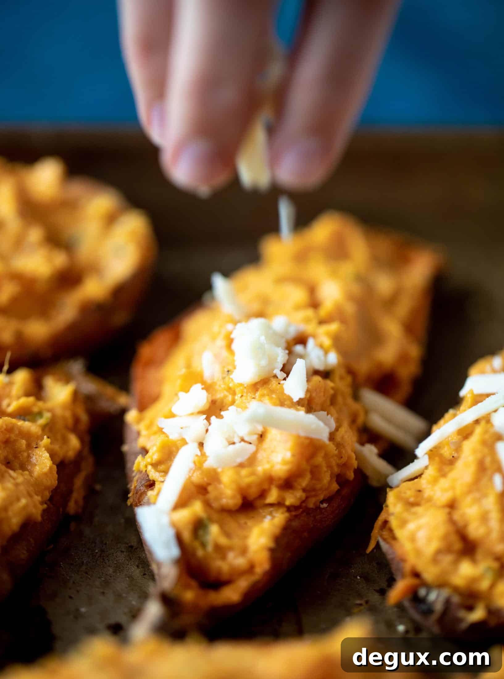 Twice-Baked Sweet Potatoes with Pumpkin, Sage & Brown Butter 6 These twice baked sweet potatoes are whipped with crispy sage and pumpkin puree! Topped with cheese and baked until melty, they are super delish.