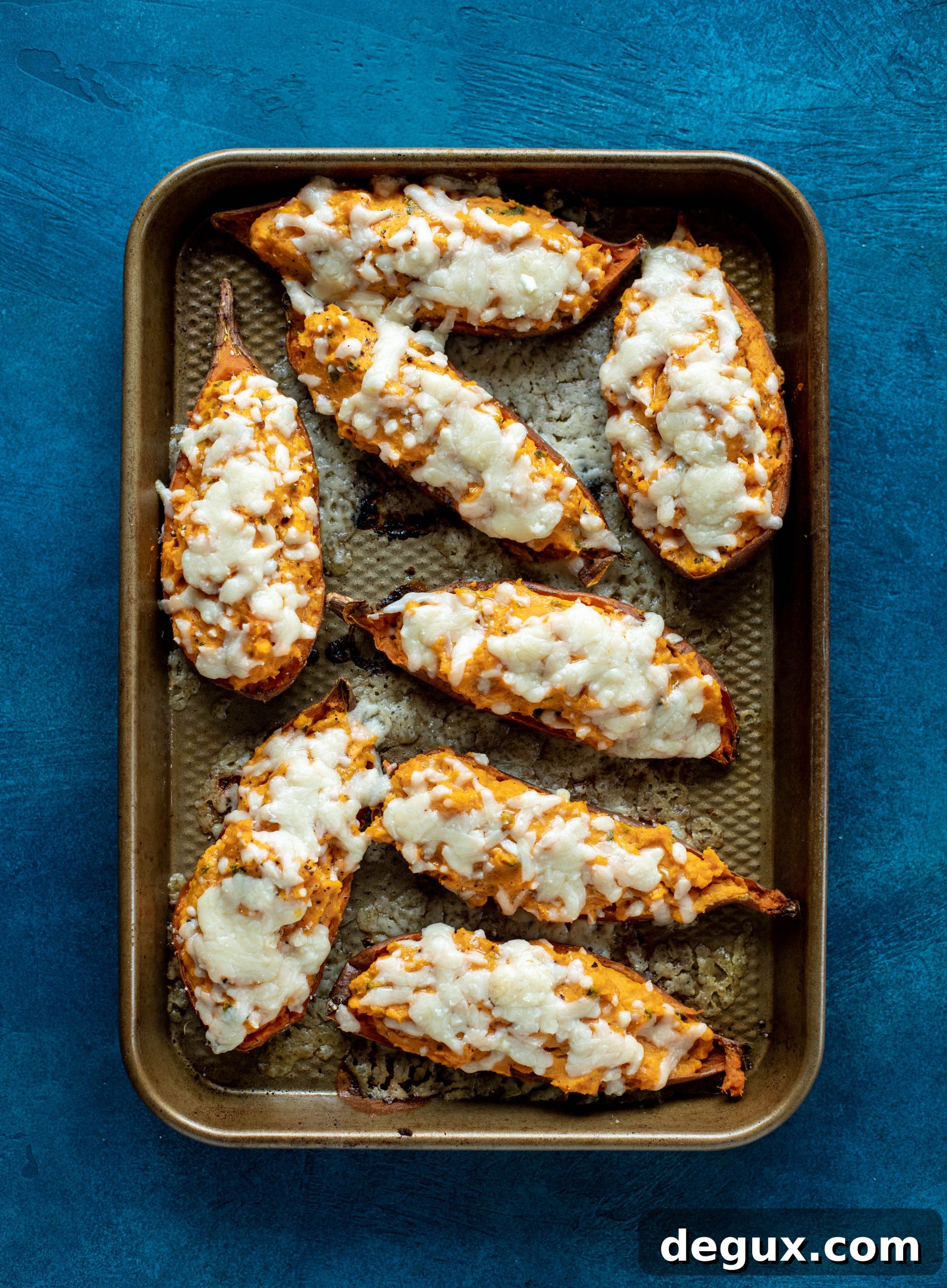 Twice-Baked Sweet Potatoes with Pumpkin, Sage & Brown Butter 7 These twice baked sweet potatoes are whipped with crispy sage and pumpkin puree! Topped with cheese and baked until melty, they are super delish.