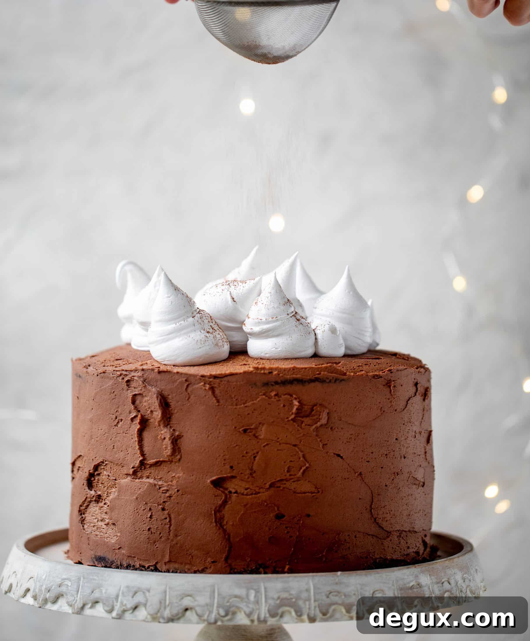 Hot Cocoa Cake with Whipped Marshmallow Frosting 5 This hot cocoa cake is made with the fudgiest chocolate cake, smothered in chocolate cream cheese frosting and dolloped with whipped marshmallow!