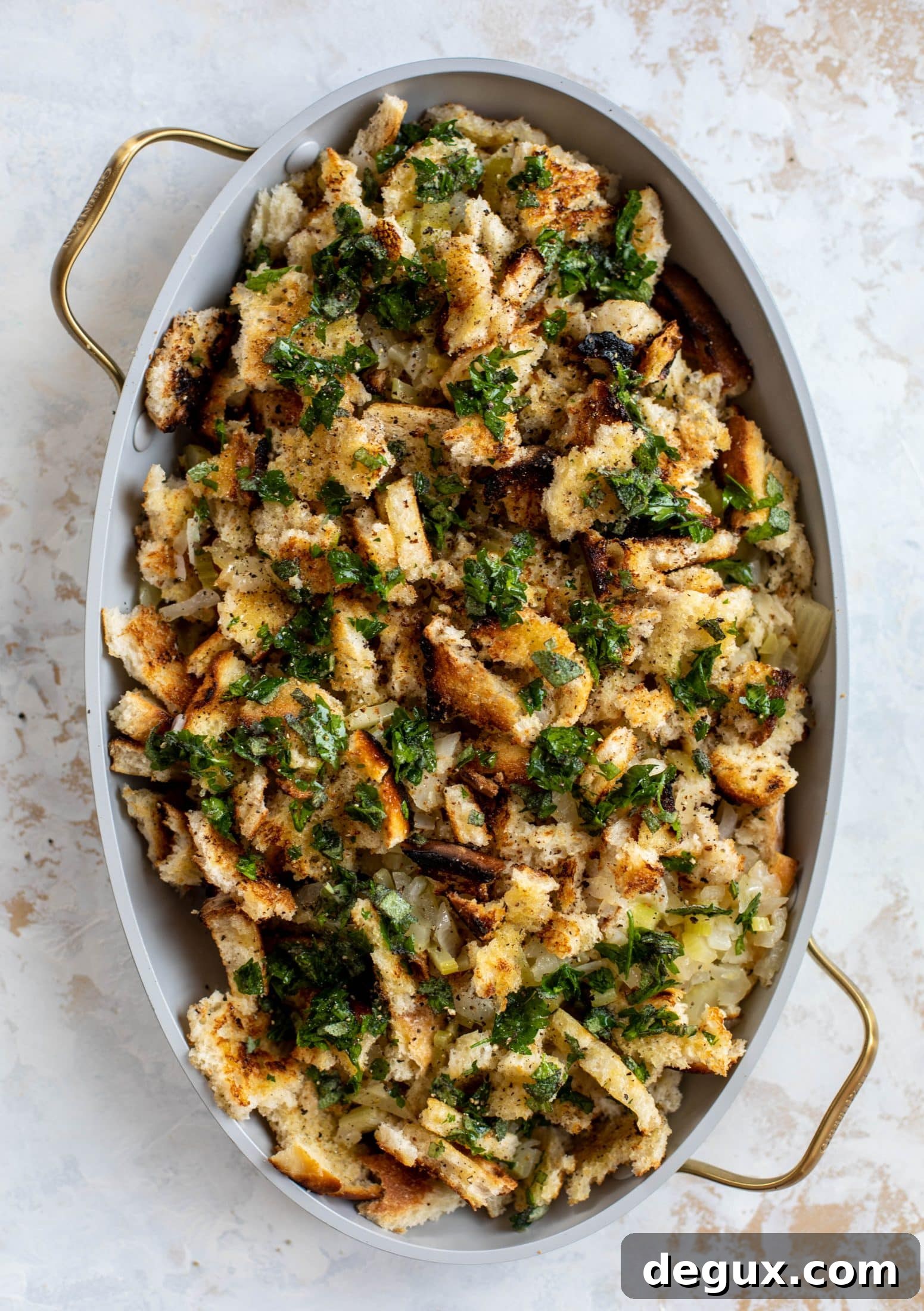This grilled bread stuffing is a modern twist on the classic - deliciously traditional and flavored to perfection, made with grilled bread!