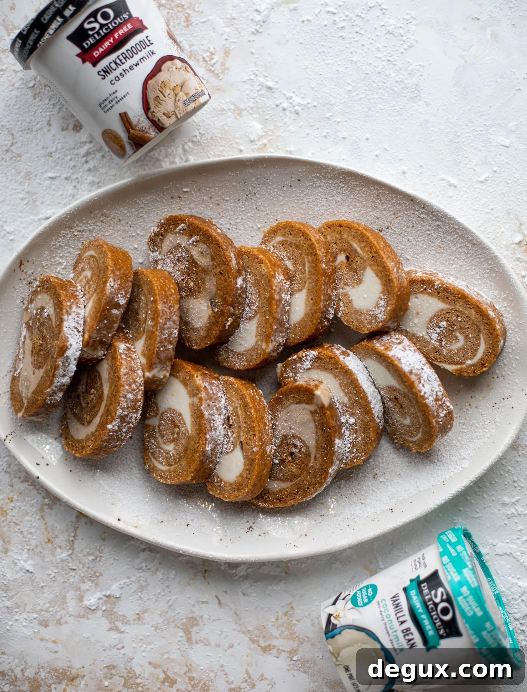 Frozen Pumpkin Rolls: Two Delicious Make-Ahead Recipes 6 This frozen pumpkin roll is a delicious twist on the classic! Ice cream or non-dairy dessert is spread inside a classic pumpkin roll and serve frozen!