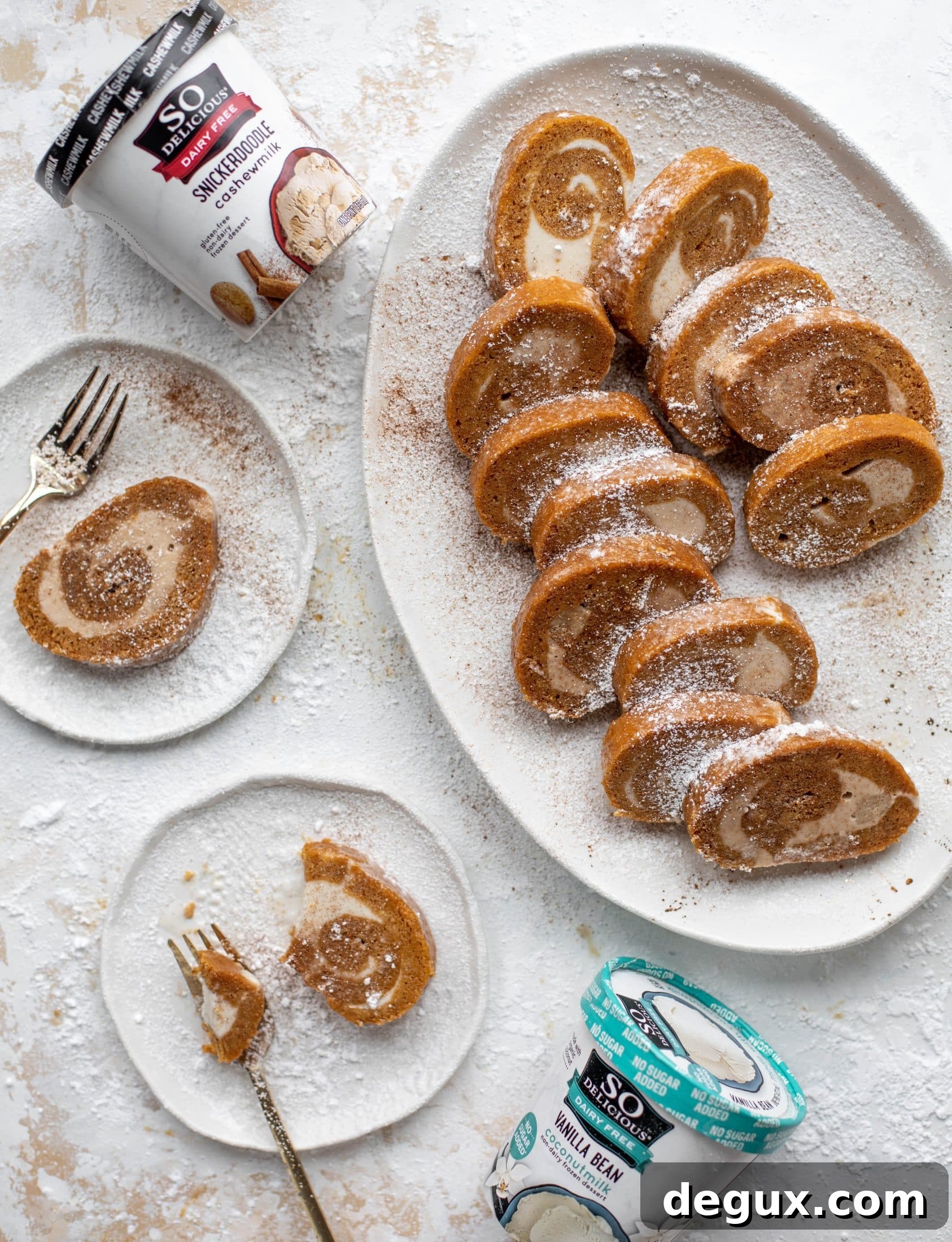 Frozen Pumpkin Rolls: Two Delicious Make-Ahead Recipes 8 This frozen pumpkin roll is a delicious twist on the classic! Ice cream or non-dairy dessert is spread inside a classic pumpkin roll and serve frozen!