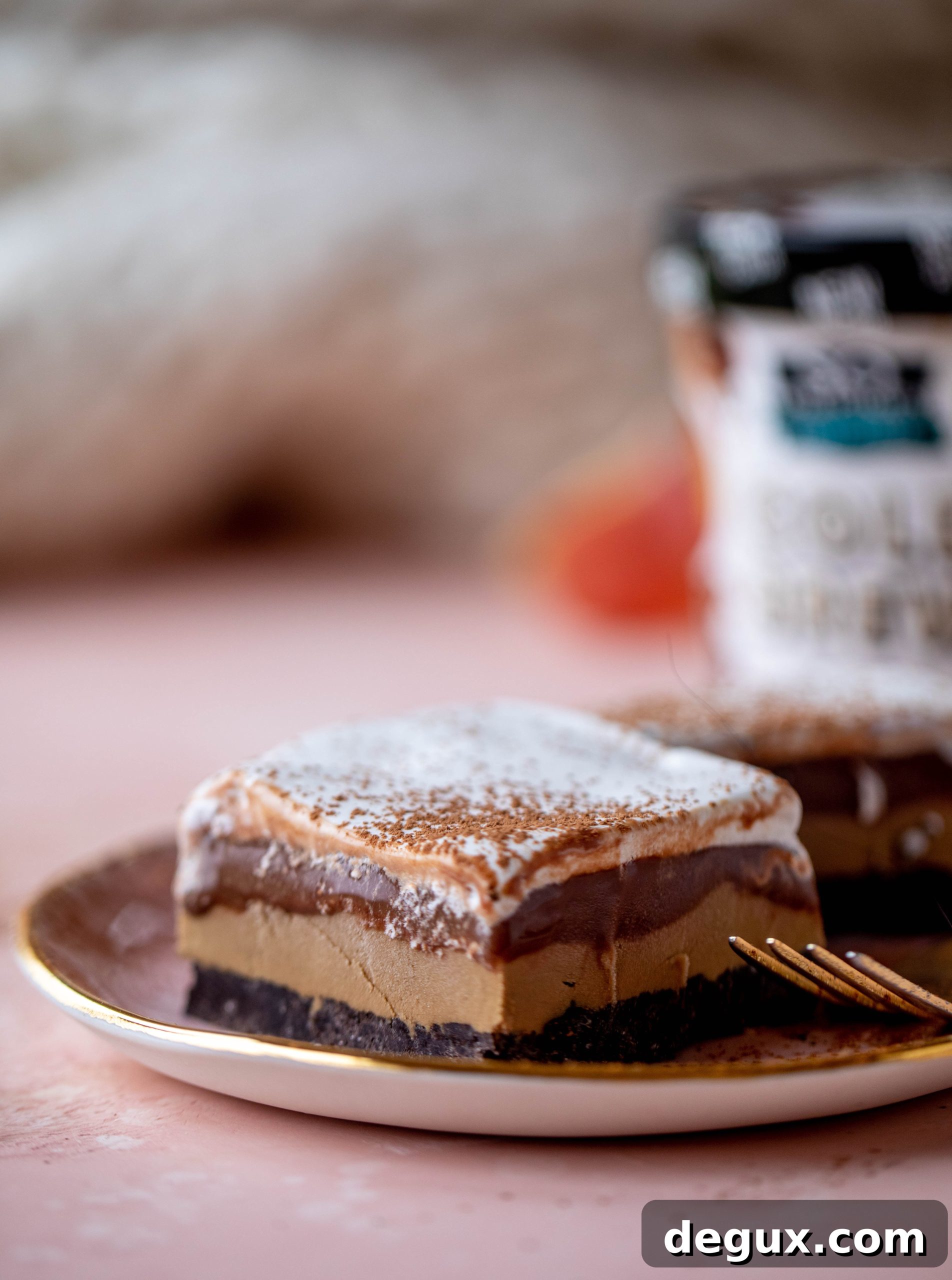 This frozen chocolate cookie dessert is a twist on the classic 90s recipe! Cookie crust, ice cream, homemade hot fudge and whipped cream. It's amazing!