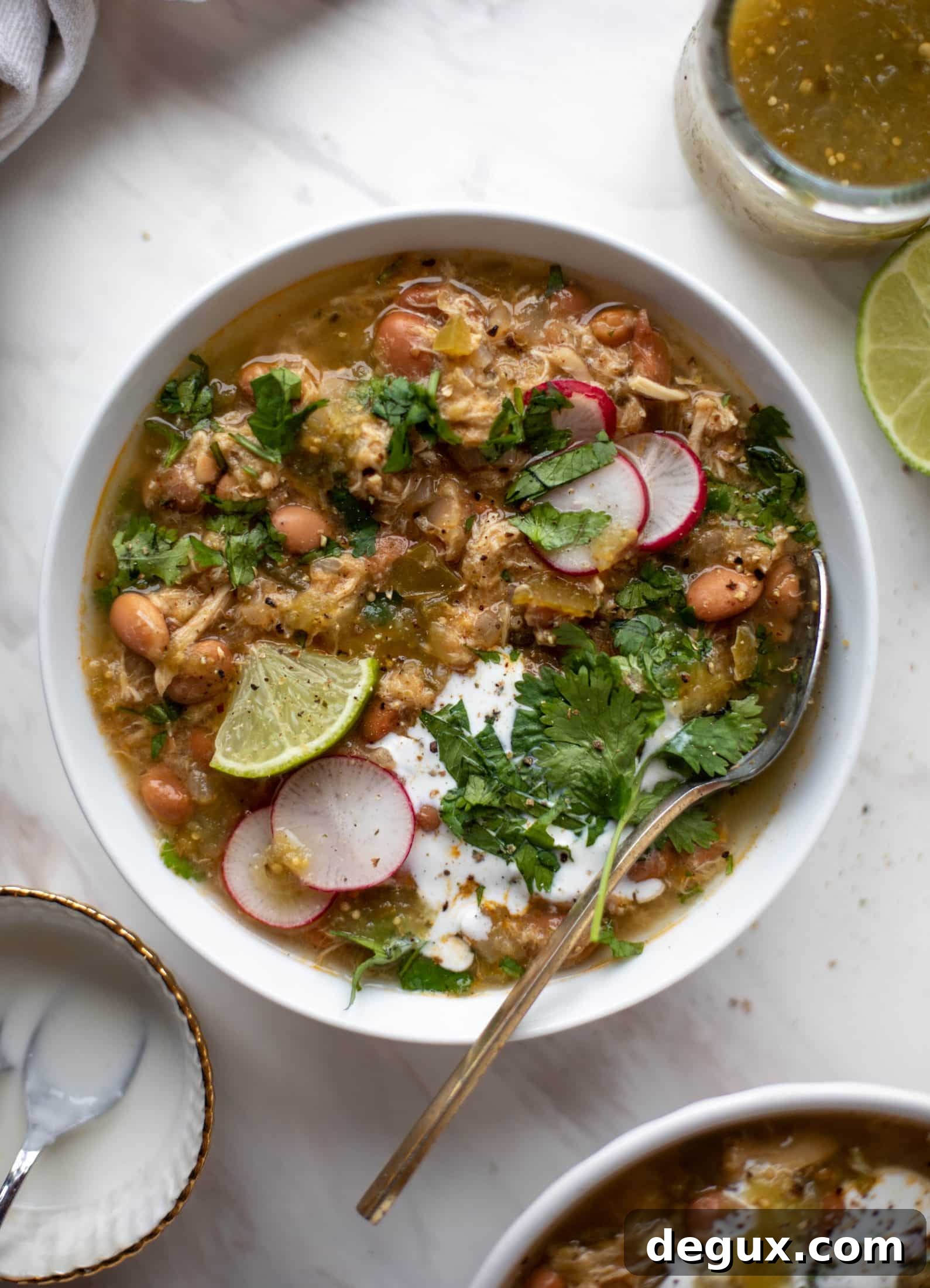 Creamy Chicken Verde Soup with Tangy Salted Yogurt 2 This chicken verde soup is easy to make and comes together quickly. It's served with salted yogurt dolloped on top and it's delish!