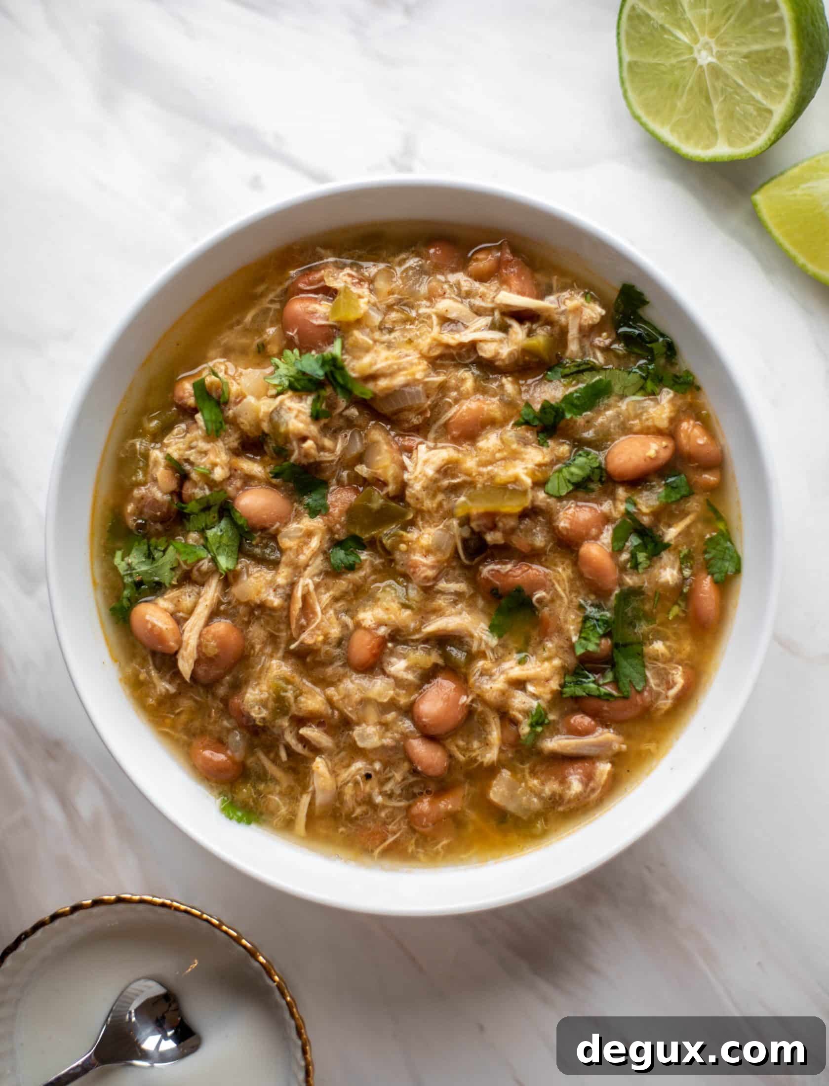 Creamy Chicken Verde Soup with Tangy Salted Yogurt 5 This chicken verde soup is easy to make and comes together quickly. It's served with salted yogurt dolloped on top and it's delish!