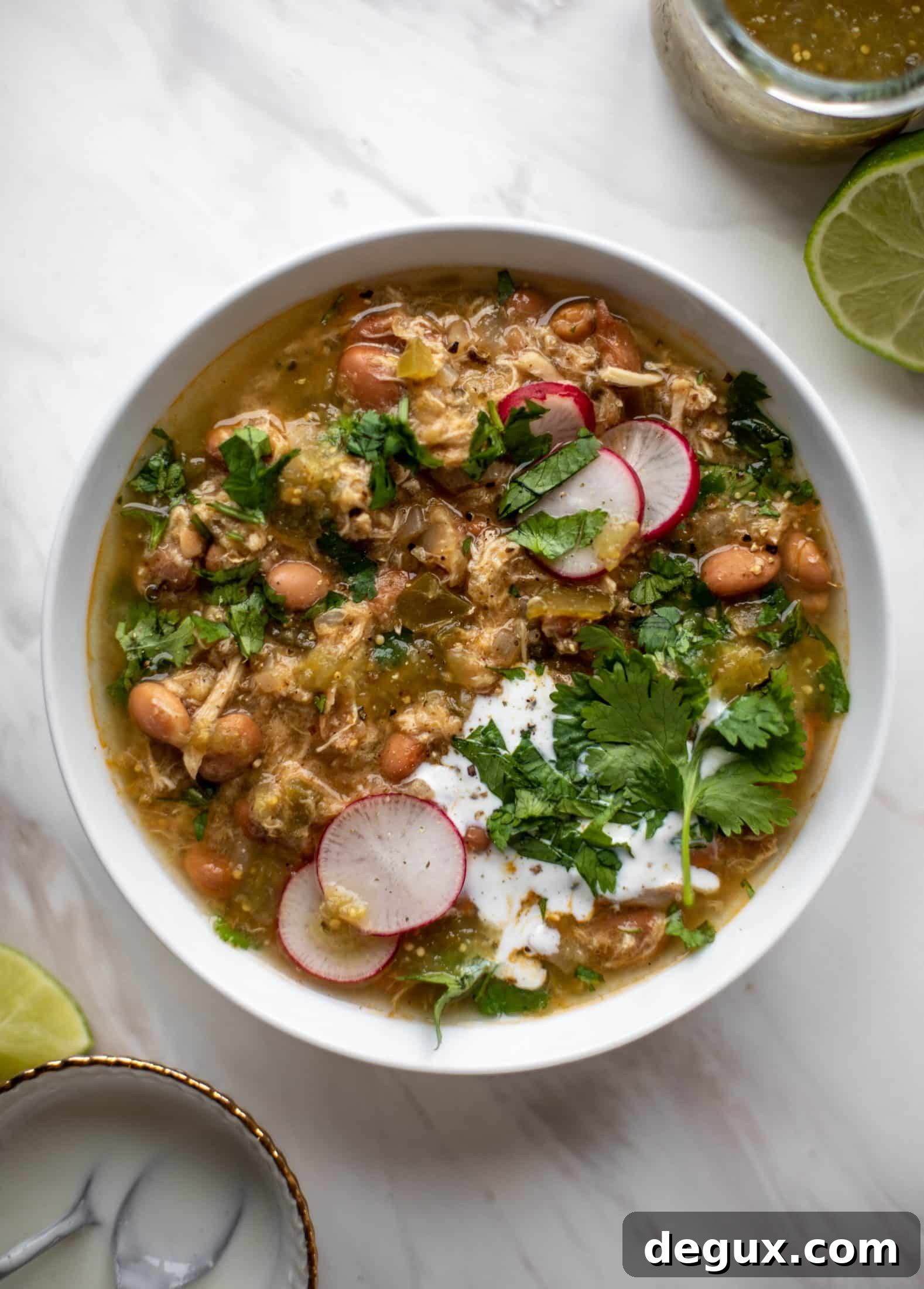 Creamy Chicken Verde Soup with Tangy Salted Yogurt 6 This chicken verde soup is easy to make and comes together quickly. It's served with salted yogurt dolloped on top and it's delish!